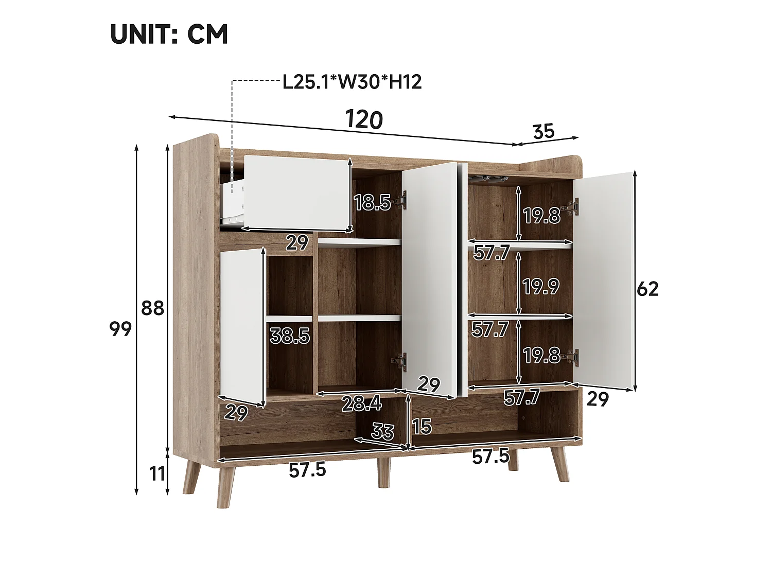 Meuble à chaussures avec 4 portes et 1 tiroir - Blanc et bois foncé 120 x 35 x 99 cm