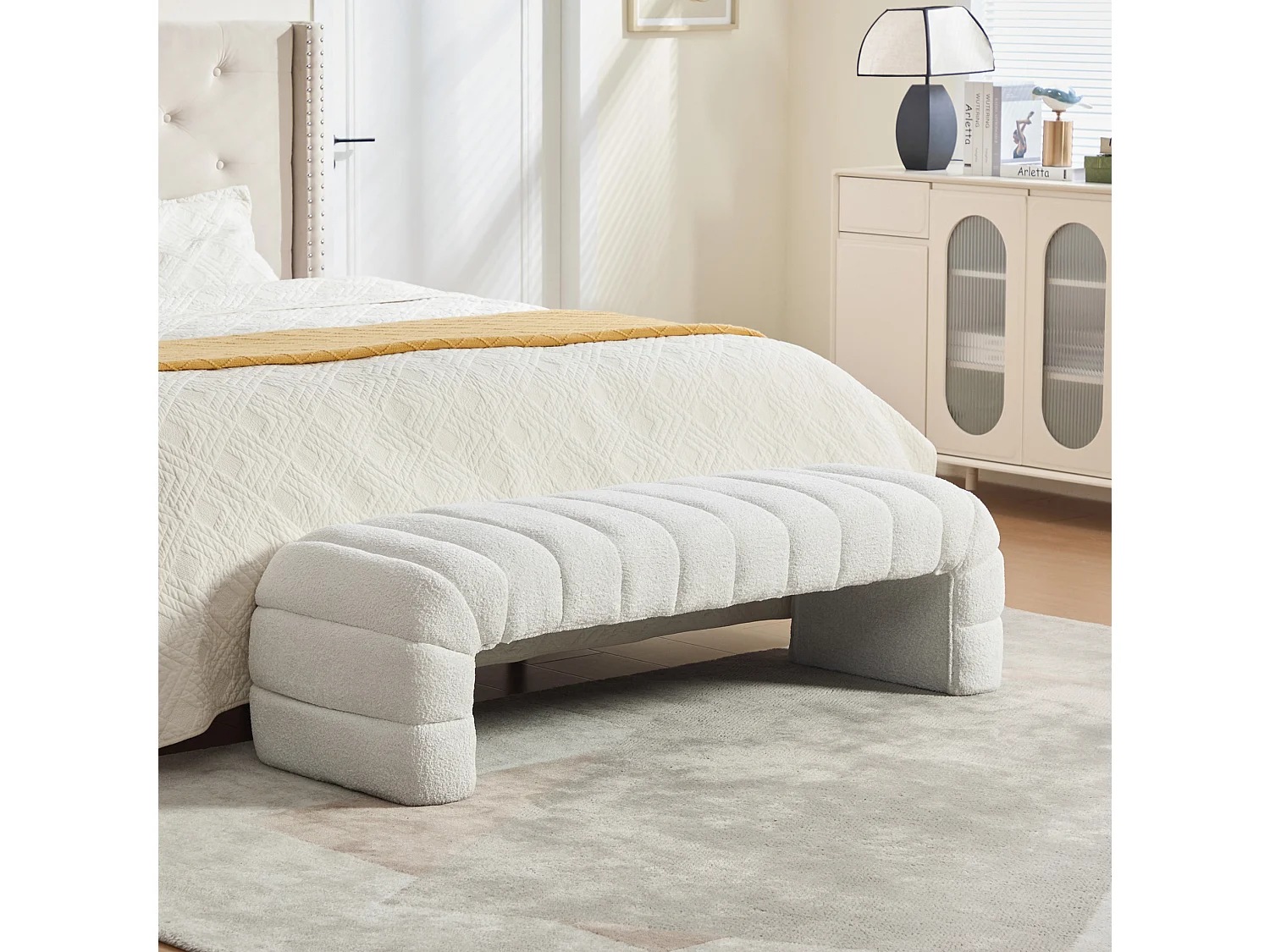 Bedbankje 159x51x45 cm in ivoorkleurige chenille - Voor slaapkamer, woonkamer of hal