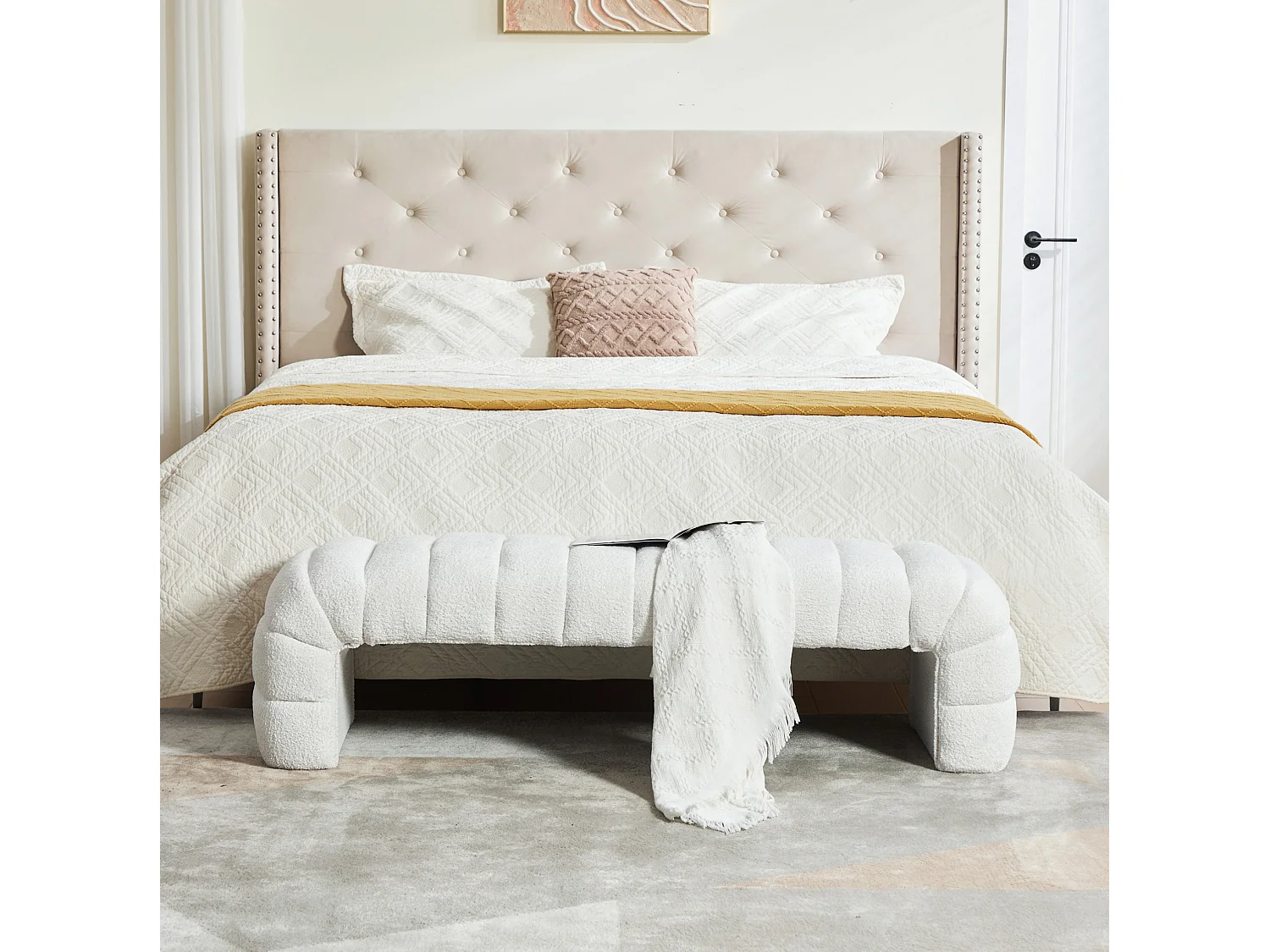 Bedbankje 159x51x45 cm in ivoorkleurige chenille - Voor slaapkamer, woonkamer of hal