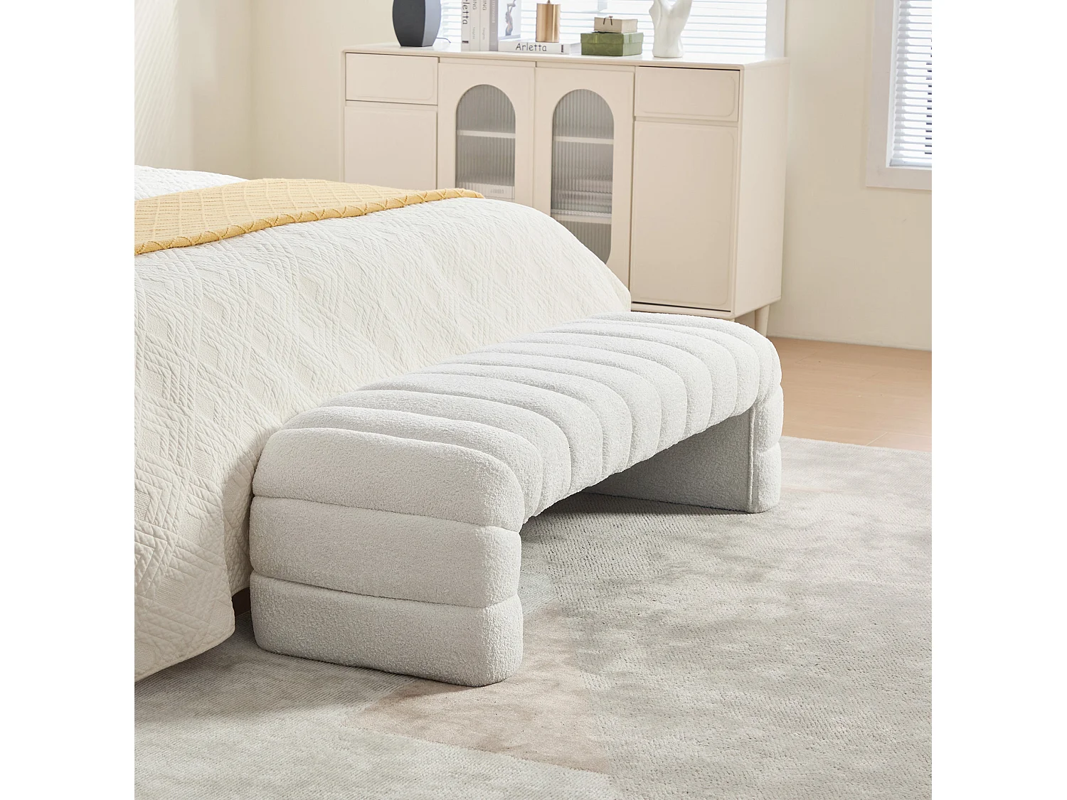 Bedbankje 159x51x45 cm in ivoorkleurige chenille - Voor slaapkamer, woonkamer of hal