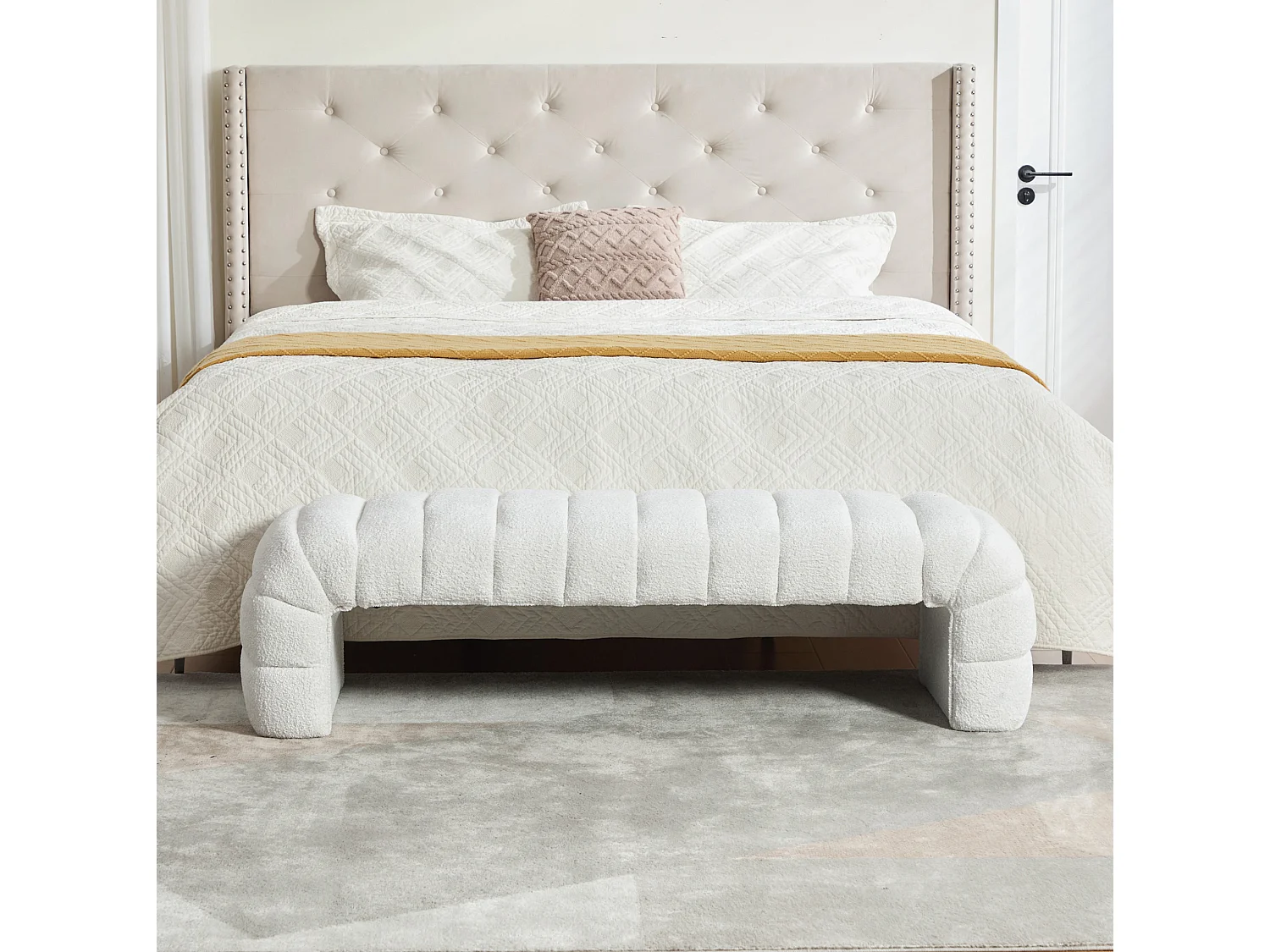 Bedbankje 159x51x45 cm in ivoorkleurige chenille - Voor slaapkamer, woonkamer of hal