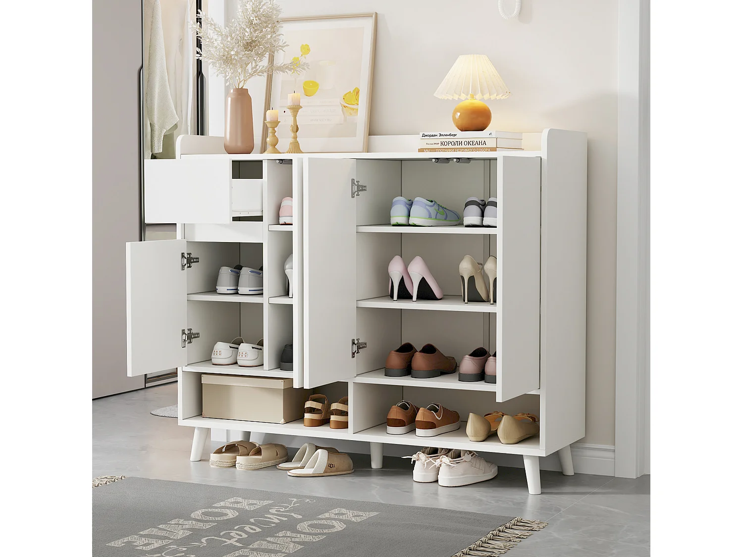 Meuble à chaussures avec 4 portes et 1 tiroir - Blanc 120 x 35 x 99 cm