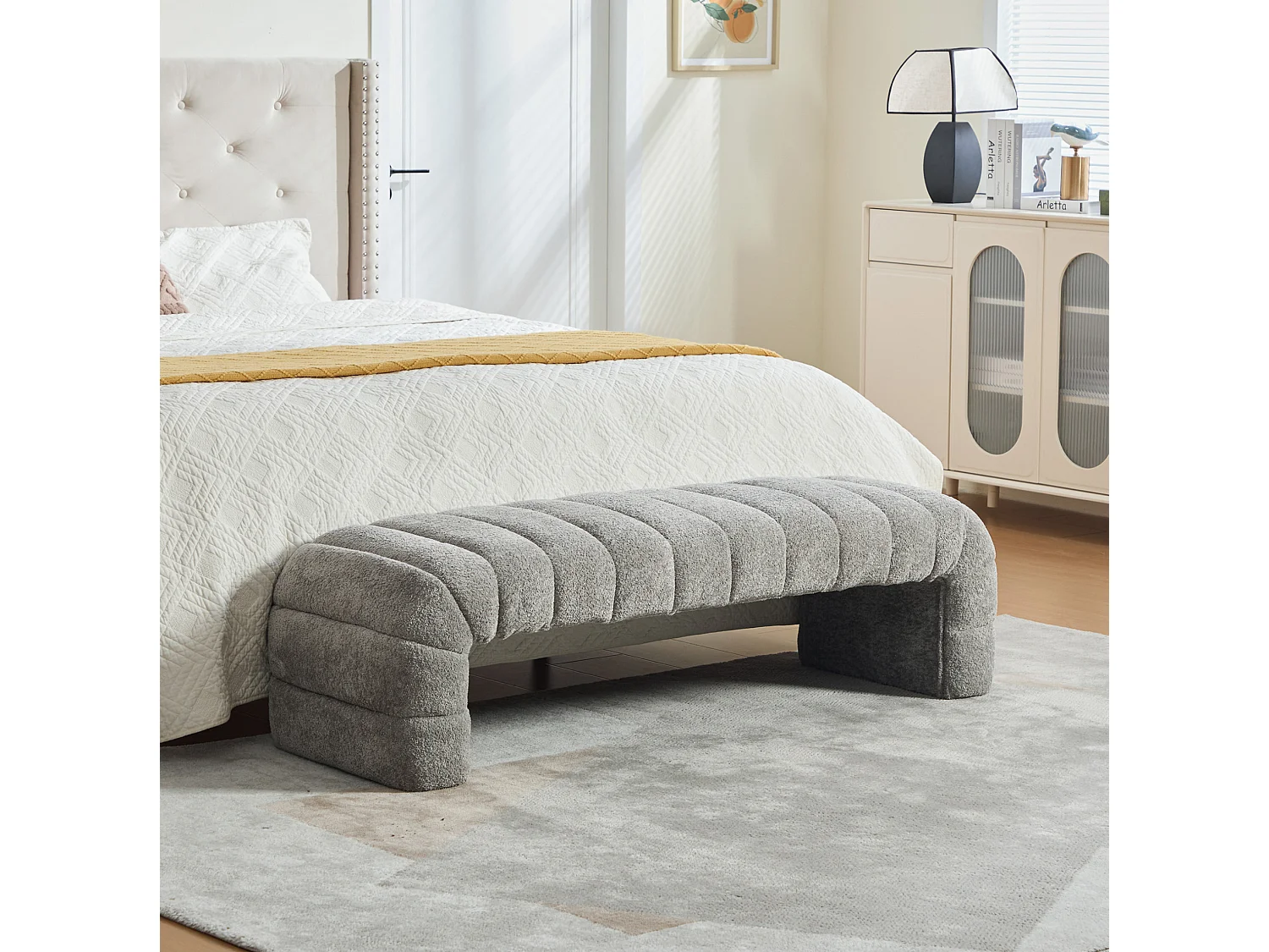 Bedbankje 159x51x45 cm in grijze chenille - Voor slaapkamer, woonkamer of hal