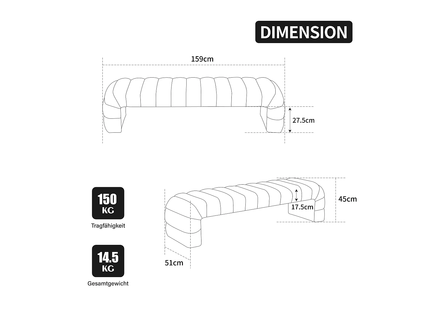 Bedbankje 159x51x45 cm in grijze chenille - Voor slaapkamer, woonkamer of hal