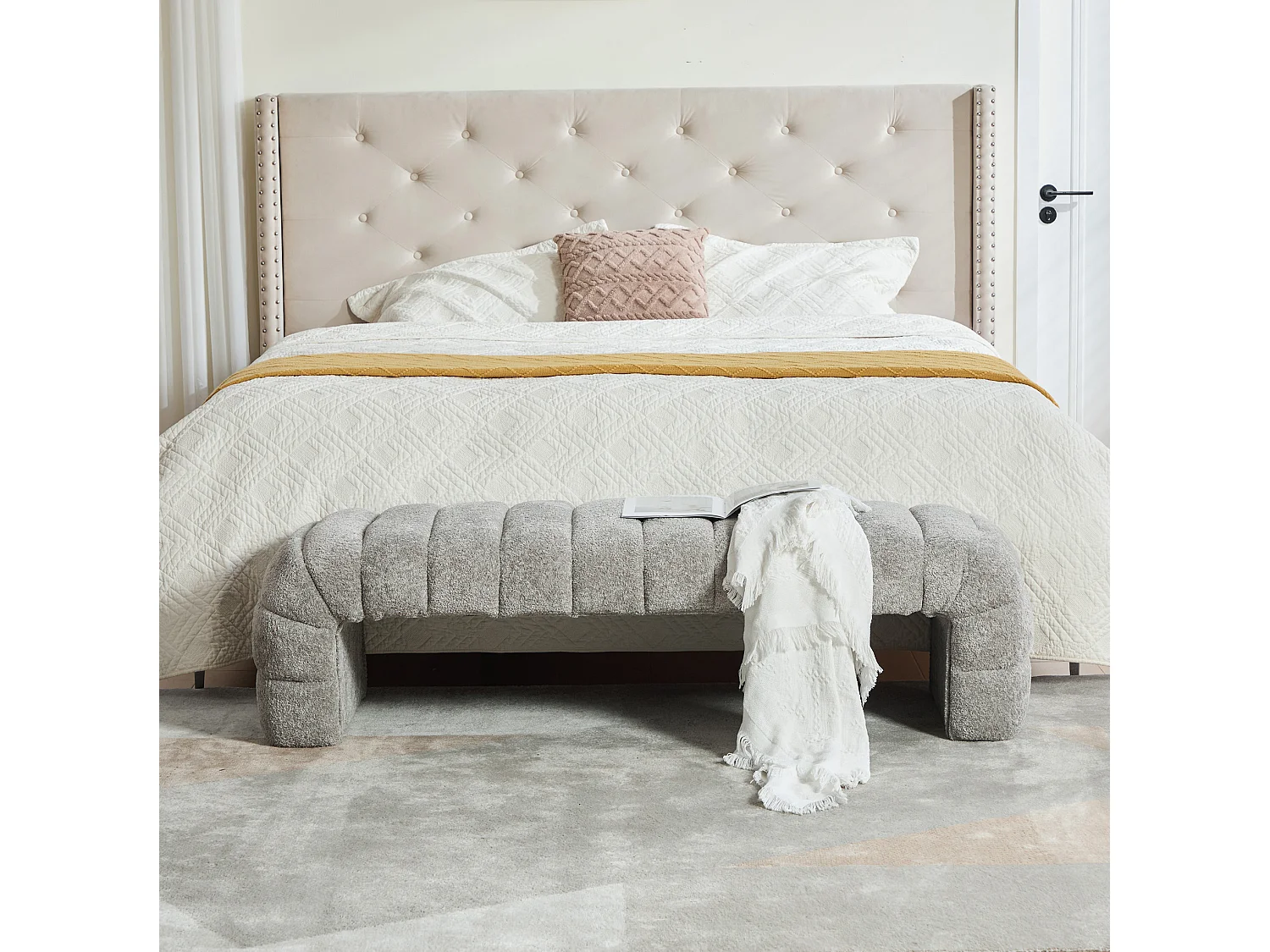 Bedbankje 159x51x45 cm in grijze chenille - Voor slaapkamer, woonkamer of hal