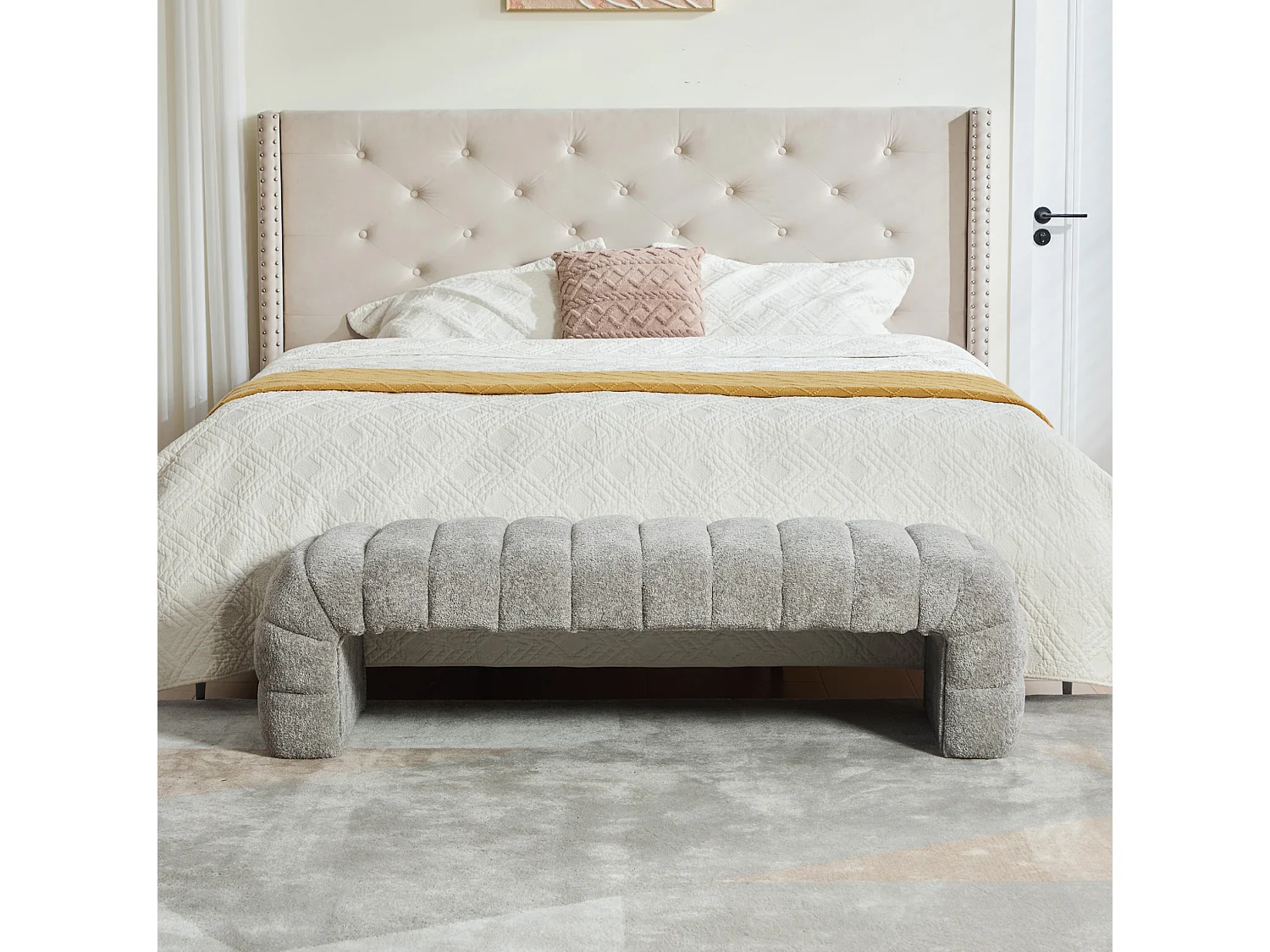 Bedbankje 159x51x45 cm in grijze chenille - Voor slaapkamer, woonkamer of hal