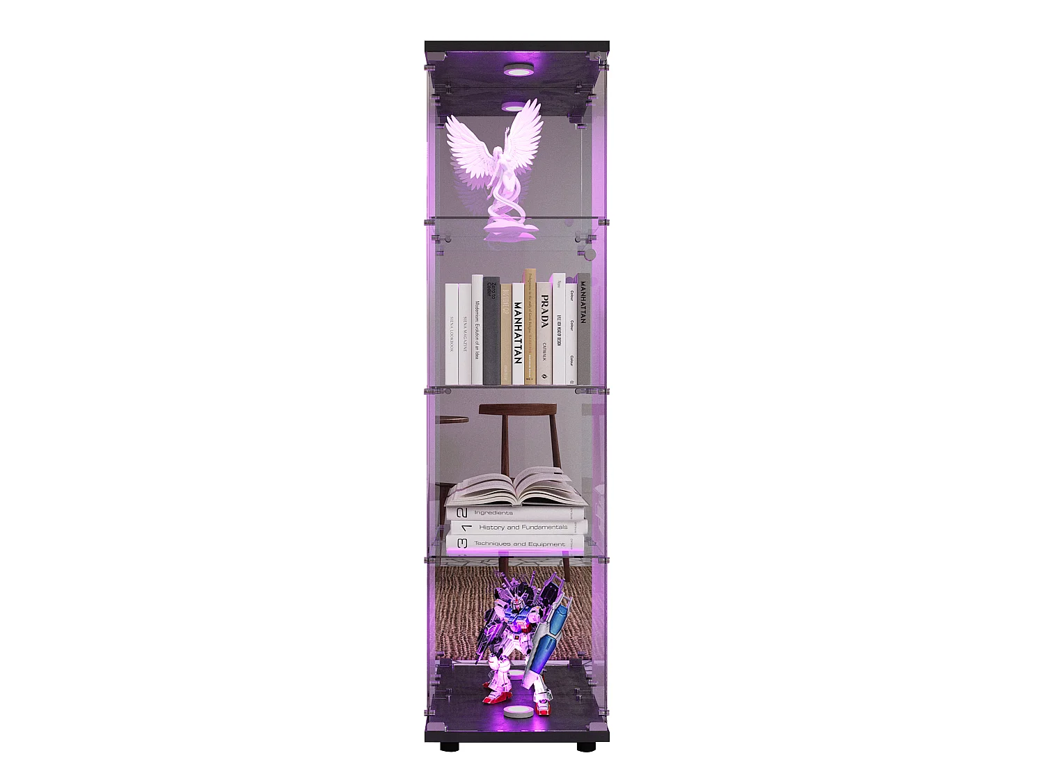 Vitrine en Verre 42.5x36.5x164 cm, Armoire de Collection Moderne en Verres à Quatre Couches, vitrine Led,4 Étagères, pour Chambre et Salon, Noir