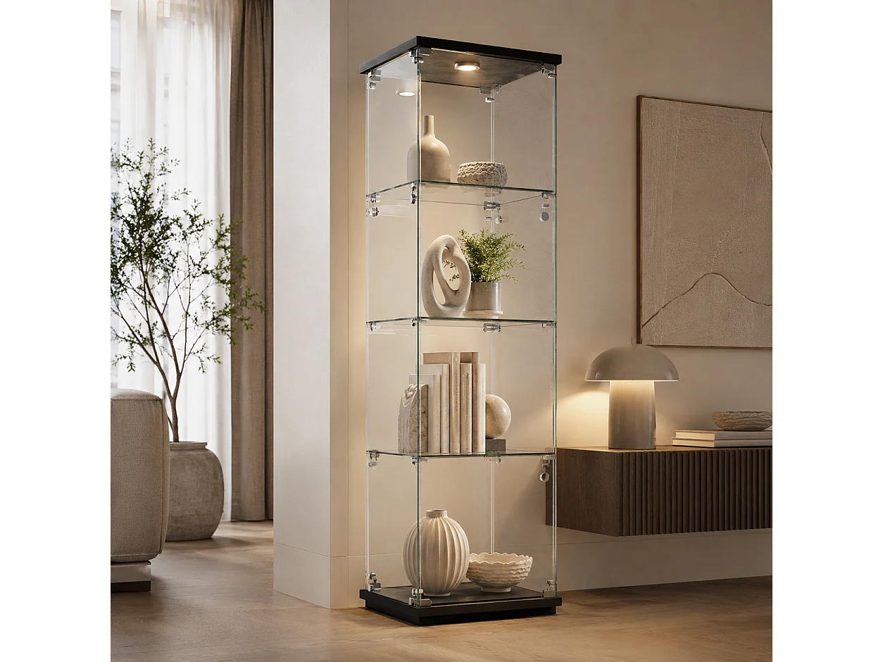 Vitrine en Verre 42.5x36.5x164 cm, Armoire de Collection Moderne en Verres à Quatre Couches, vitrine Led,4 Étagères, pour Chambre et Salon, Noir