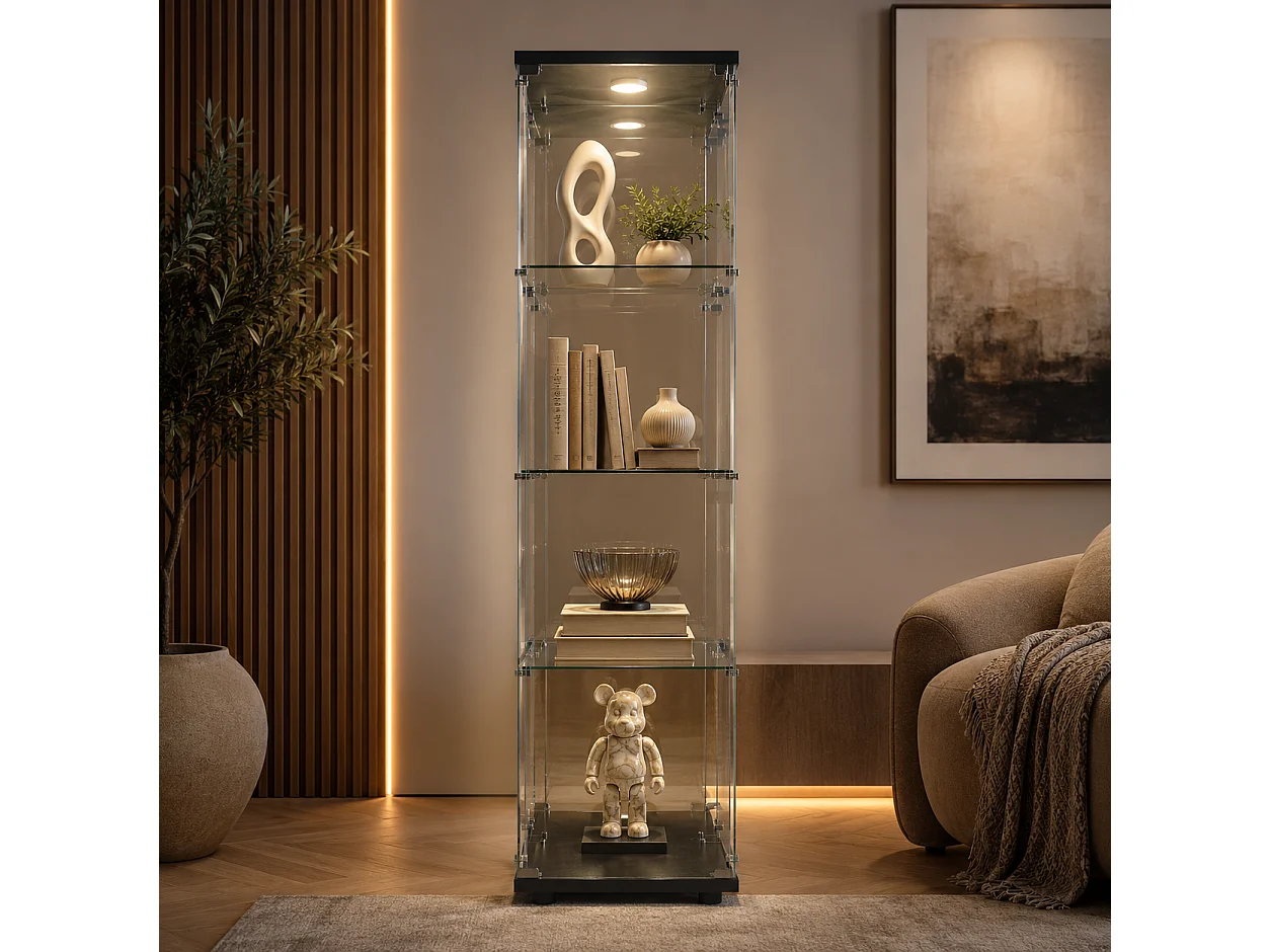 Vitrine en Verre 42.5x36.5x164 cm, Armoire de Collection Moderne en Verres à Quatre Couches, vitrine Led,4 Étagères, pour Chambre et Salon, Noir