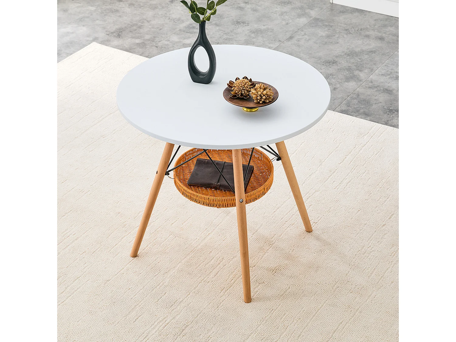 Table à manger ronde 80 cm avec rangement - Blanc et bois