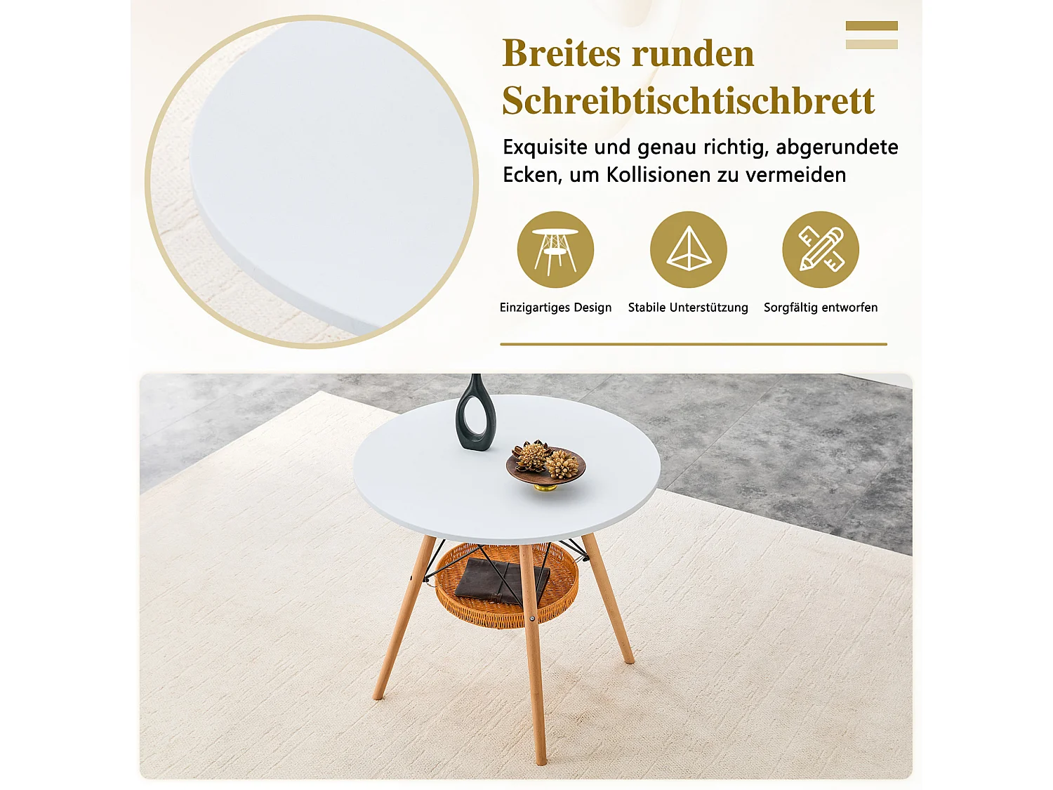 Table à manger ronde 80 cm avec rangement - Blanc et bois