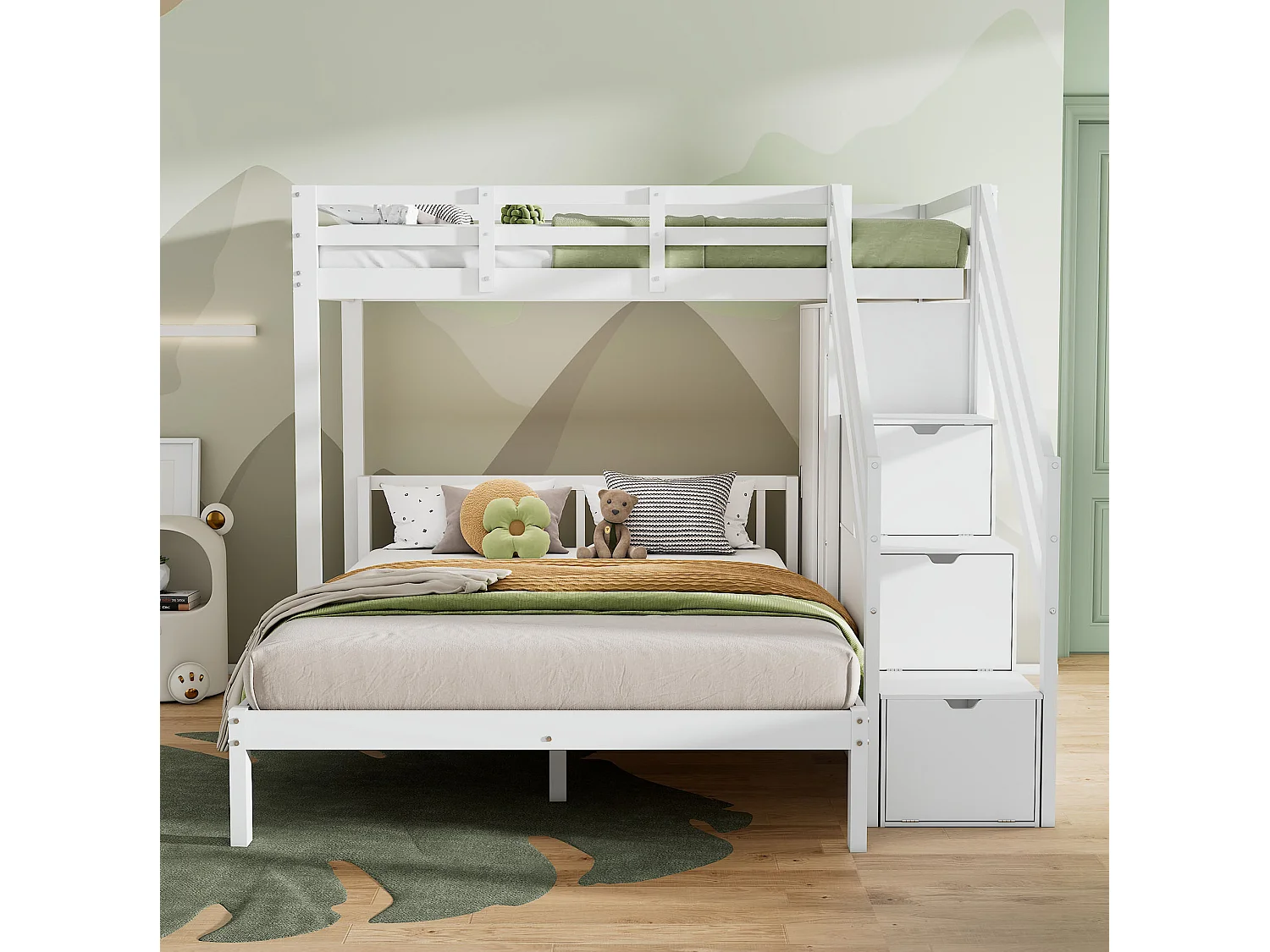 Lit superposé enfant 90x200 et 140x200 cm avec armoire et rangement - Bois blanc