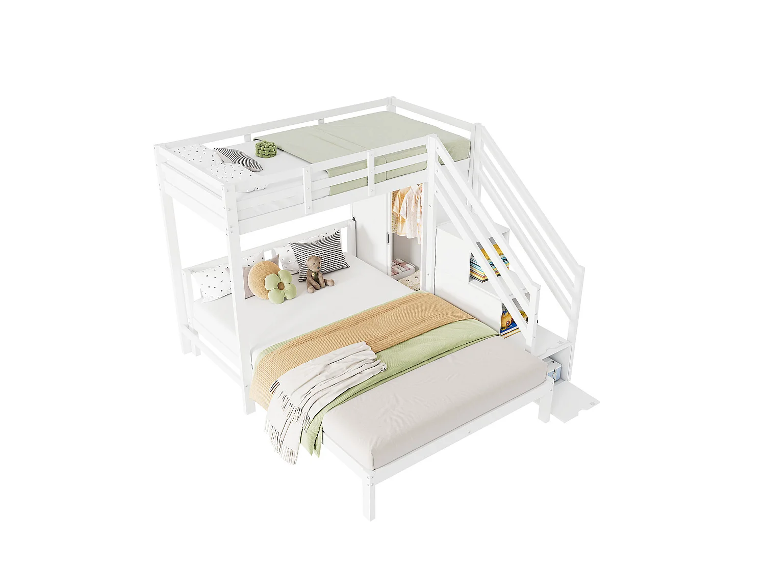 Lit superposé enfant 90x200 et 140x200 cm avec armoire et rangement - Bois blanc