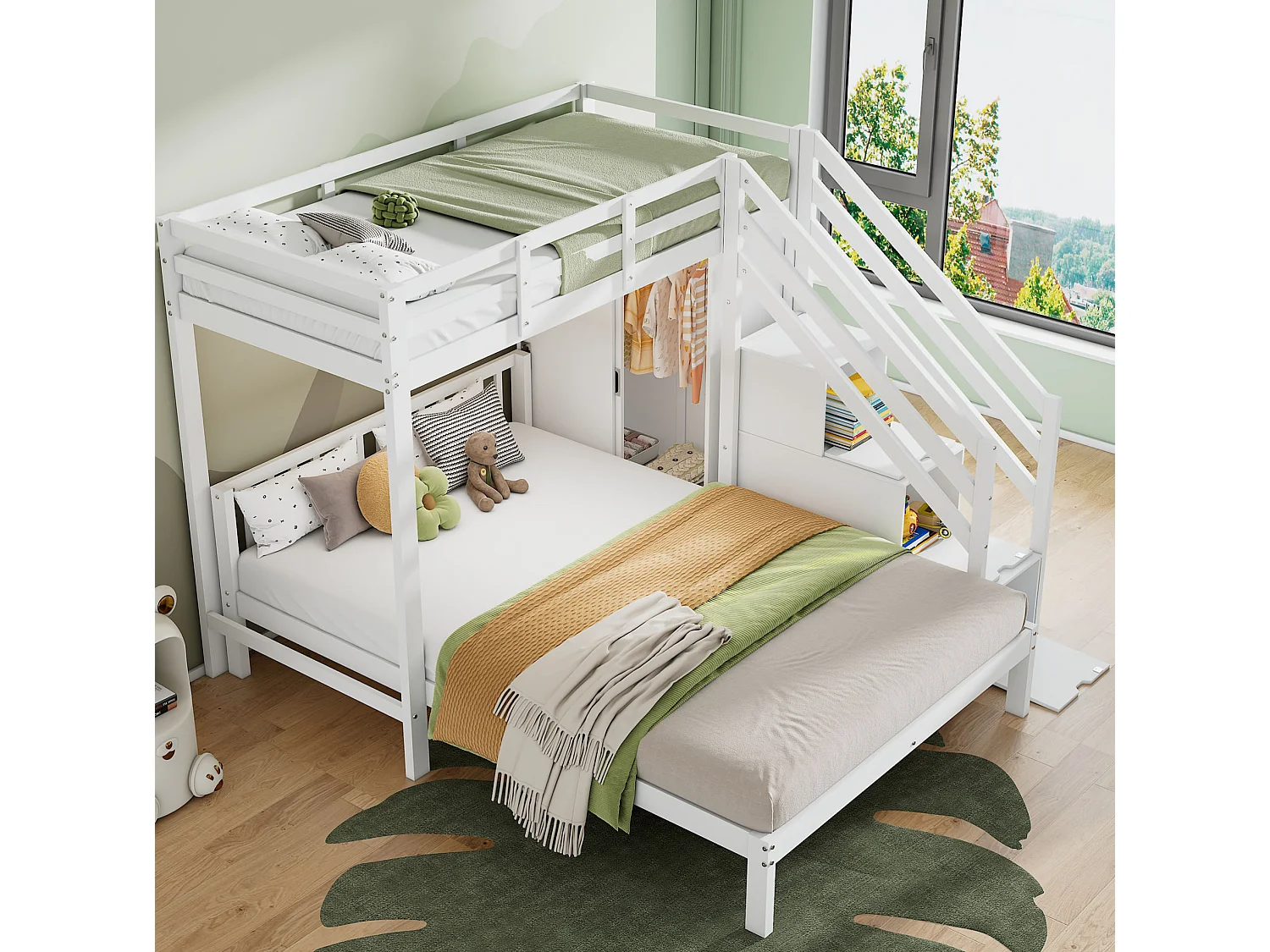 Lit superposé enfant 90x200 et 140x200 cm avec armoire et rangement - Bois blanc