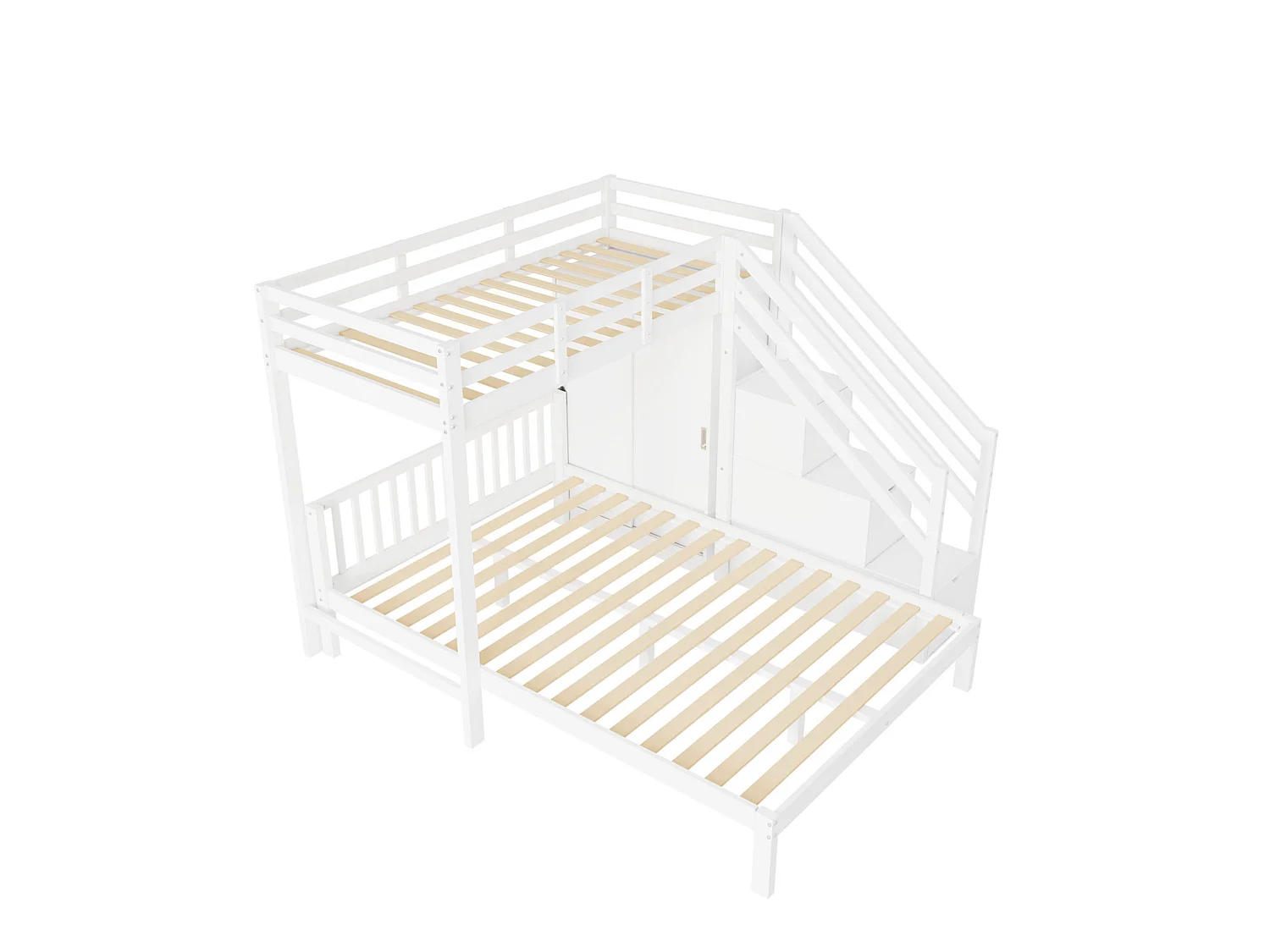 Lit superposé enfant 90x200 et 140x200 cm avec armoire et rangement - Bois blanc