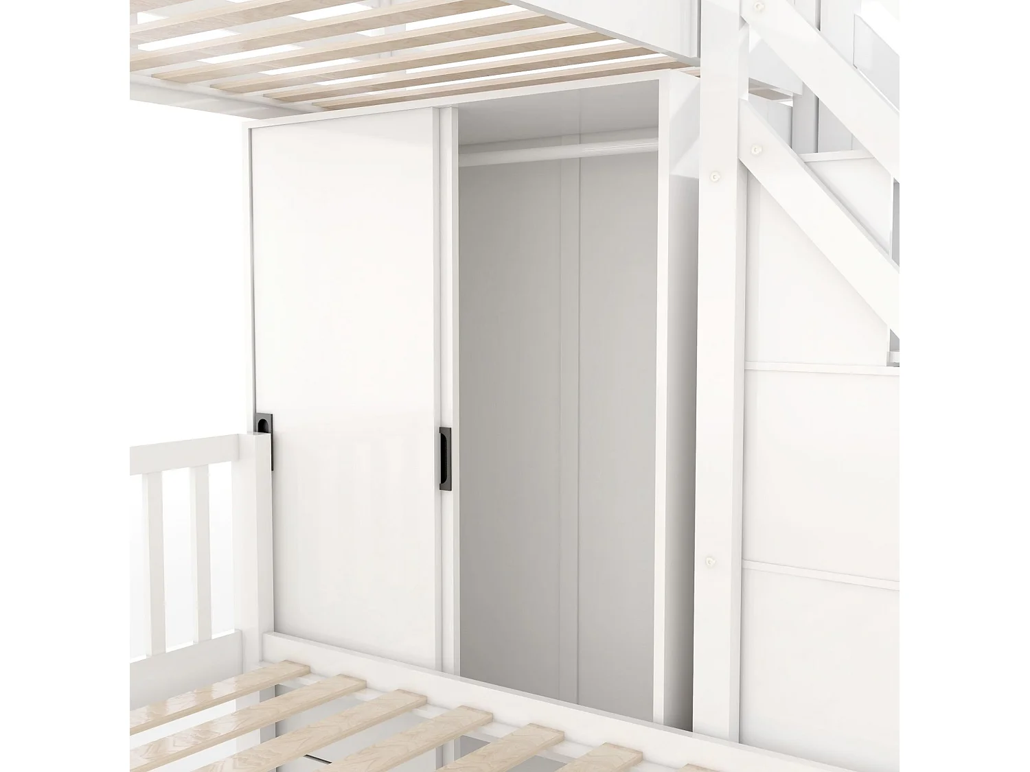 Lit superposé enfant 90x200 et 140x200 cm avec armoire et rangement - Bois blanc