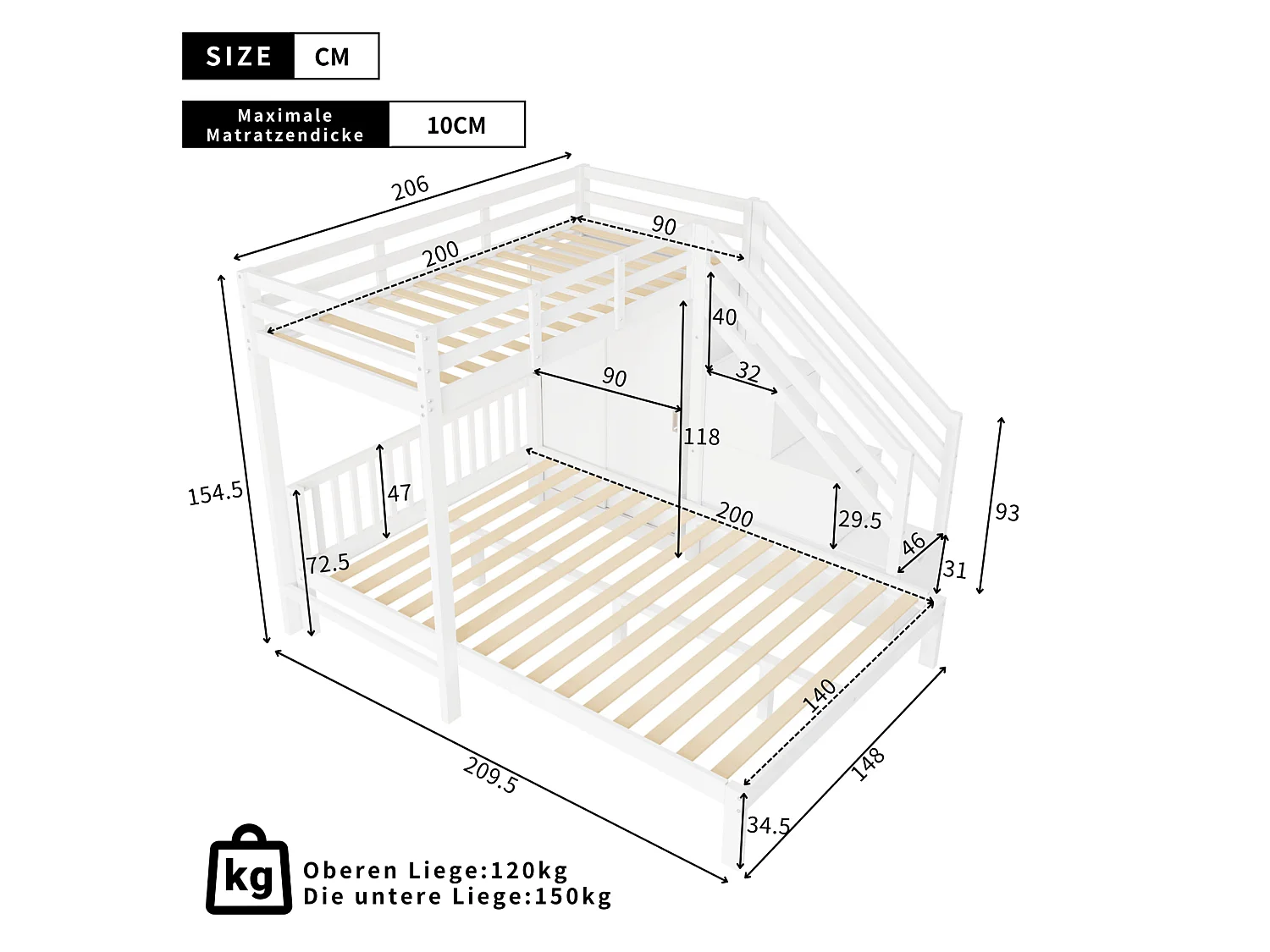 Lit superposé enfant 90x200 et 140x200 cm avec armoire et rangement - Bois blanc