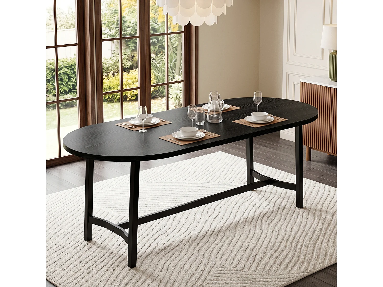 Eettafel 180 x 80 x 75 cm zwart met ijzeren poten - Geschikt voor 6 tot 8 personen