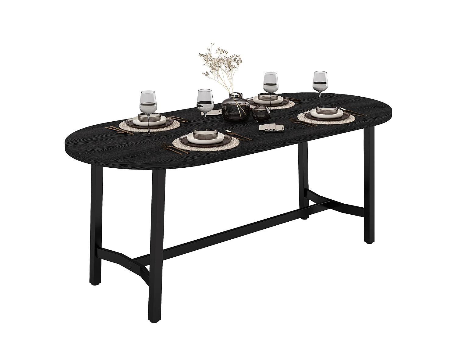 Eettafel 180 x 80 x 75 cm zwart met ijzeren poten - Geschikt voor 6 tot 8 personen
