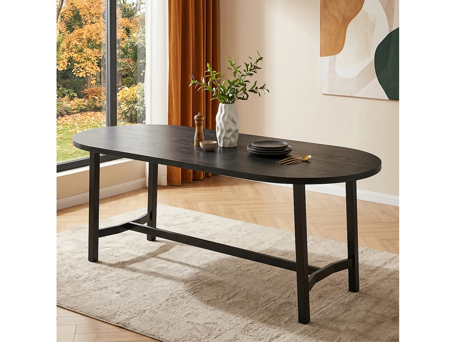 Eettafel 180 x 80 x 75 cm zwart met ijzeren poten - Geschikt voor 6 tot 8 personen