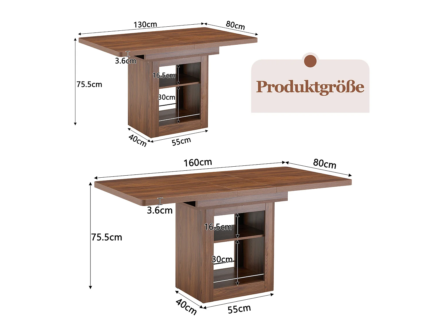 Uitschuifbare eettafel 130(160) x 80 cm met plank - Bruin