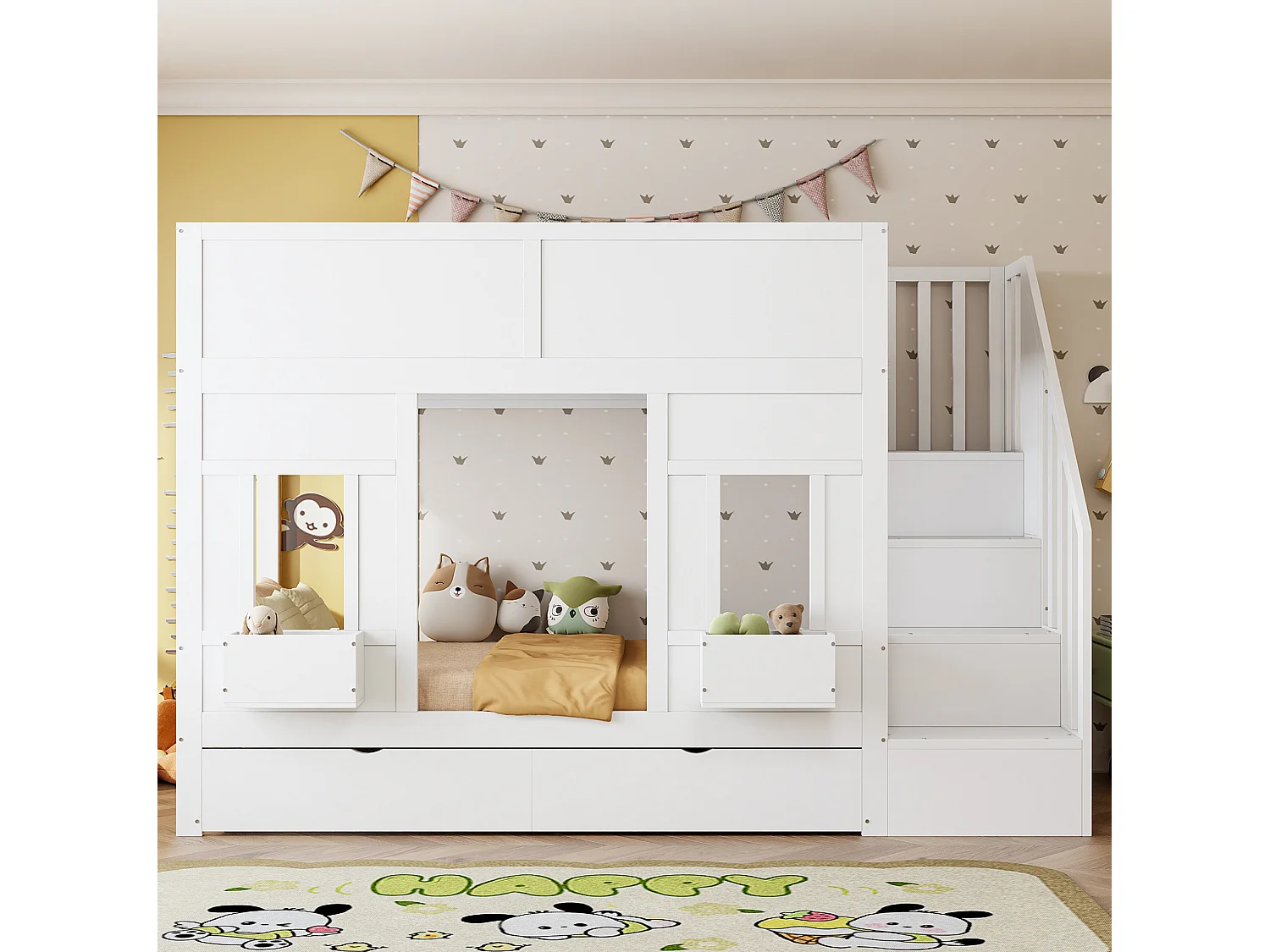 Lit superposé enfant 90x200 cm avec 2 tiroirs et escalier de rangement - Bois blanc