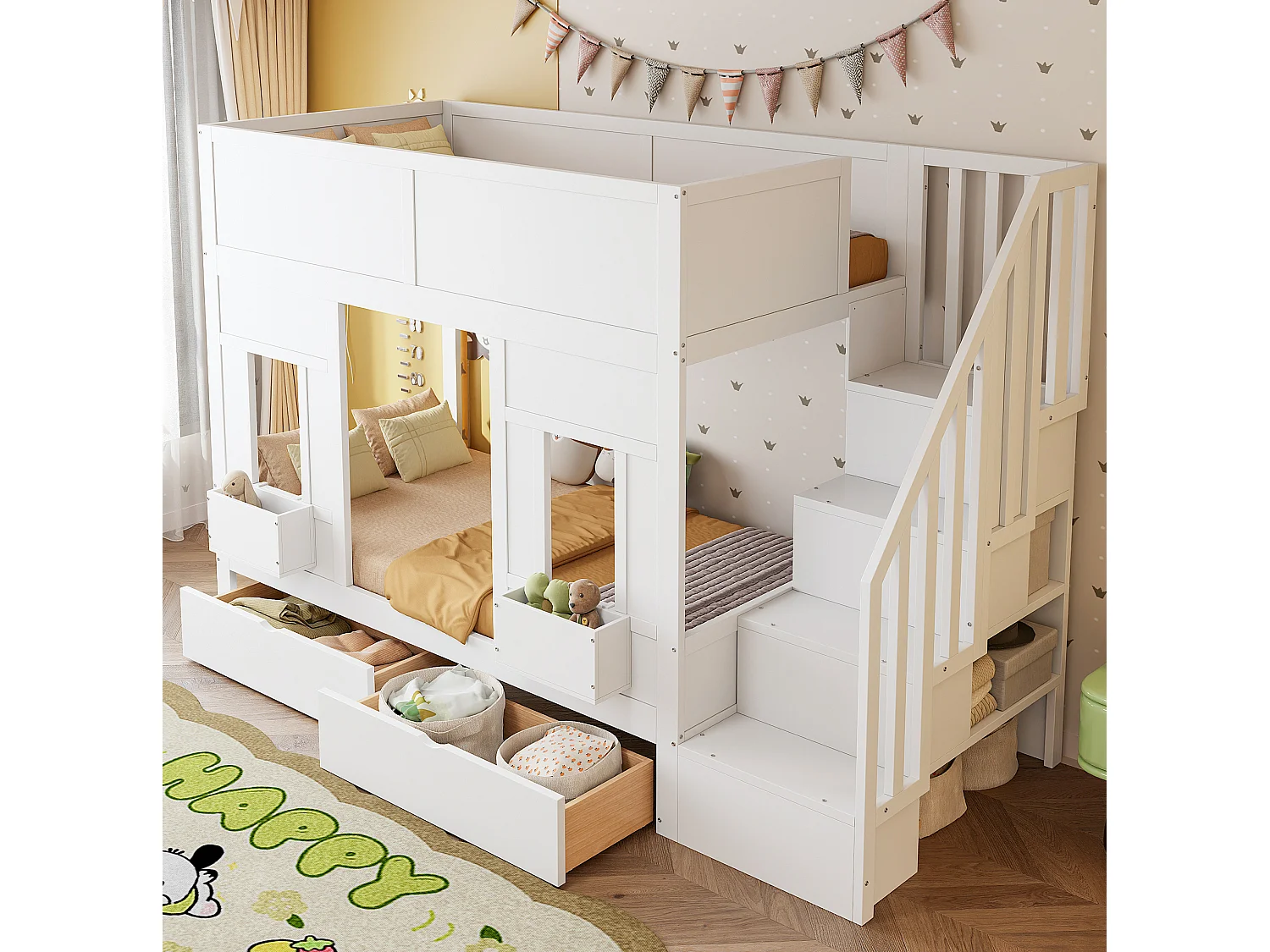 Lit superposé enfant 90x200 cm avec 2 tiroirs et escalier de rangement - Bois blanc