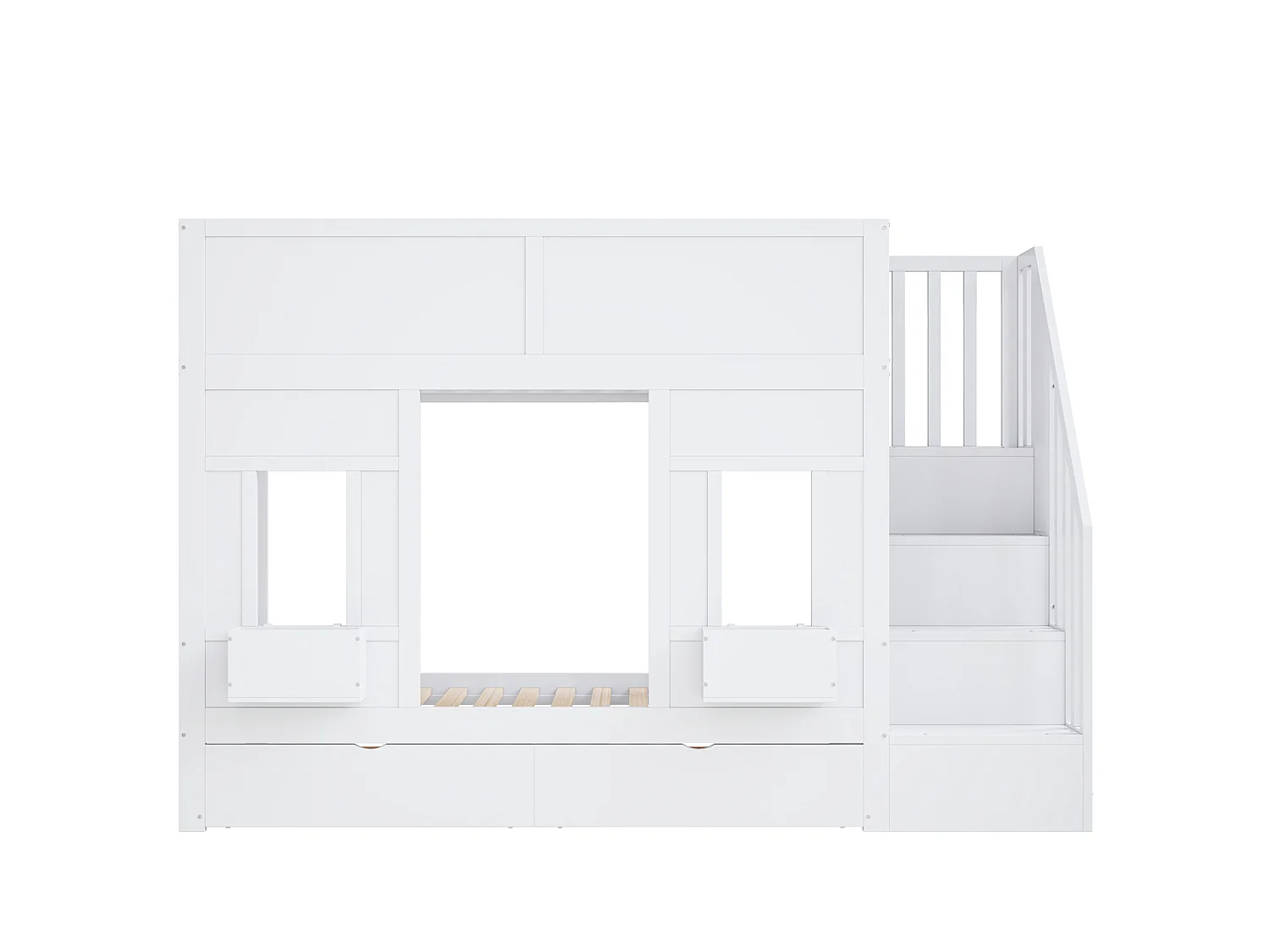 Lit superposé enfant 90x200 cm avec 2 tiroirs et escalier de rangement - Bois blanc