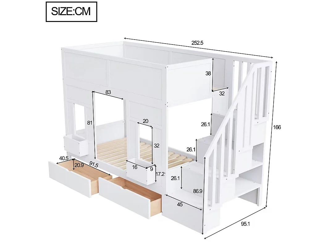 Lit superposé enfant 90x200 cm avec 2 tiroirs et escalier de rangement - Bois blanc