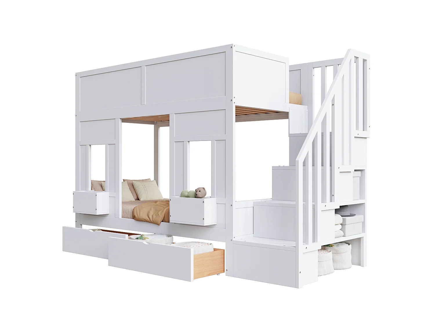 Lit superposé enfant 90x200 cm avec 2 tiroirs et escalier de rangement - Bois blanc