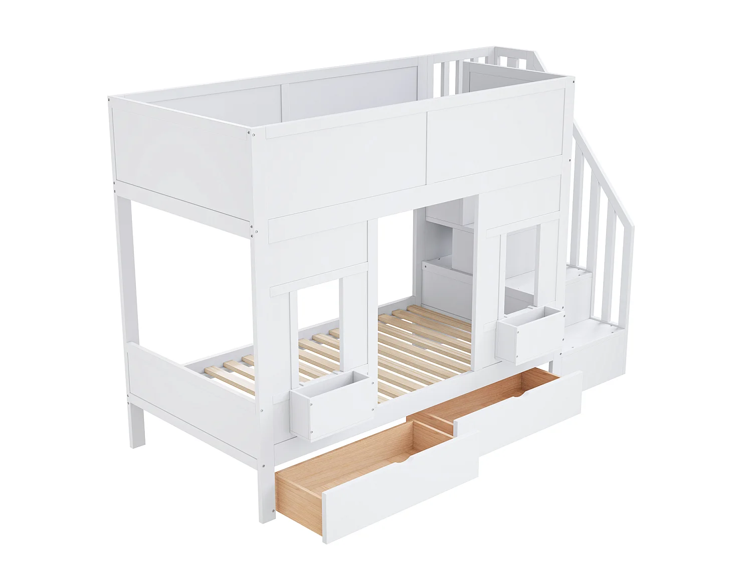 Lit superposé enfant 90x200 cm avec 2 tiroirs et escalier de rangement - Bois blanc