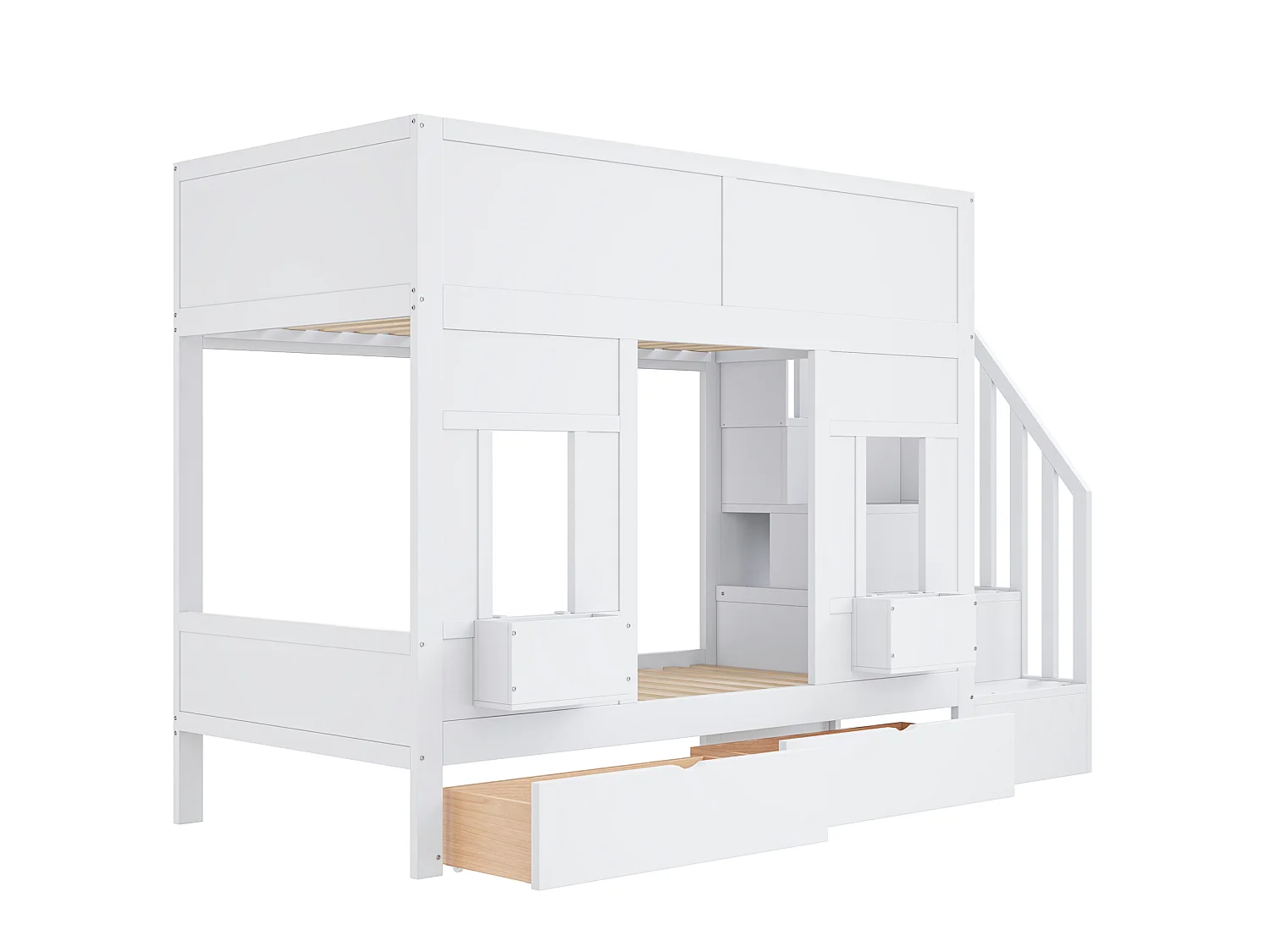 Lit superposé enfant 90x200 cm avec 2 tiroirs et escalier de rangement - Bois blanc