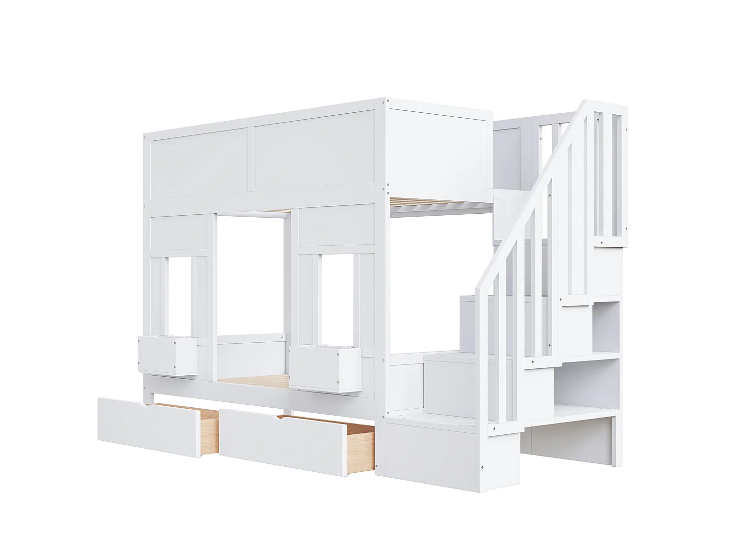 Lit superposé enfant 90x200 cm avec 2 tiroirs et escalier de rangement - Bois blanc
