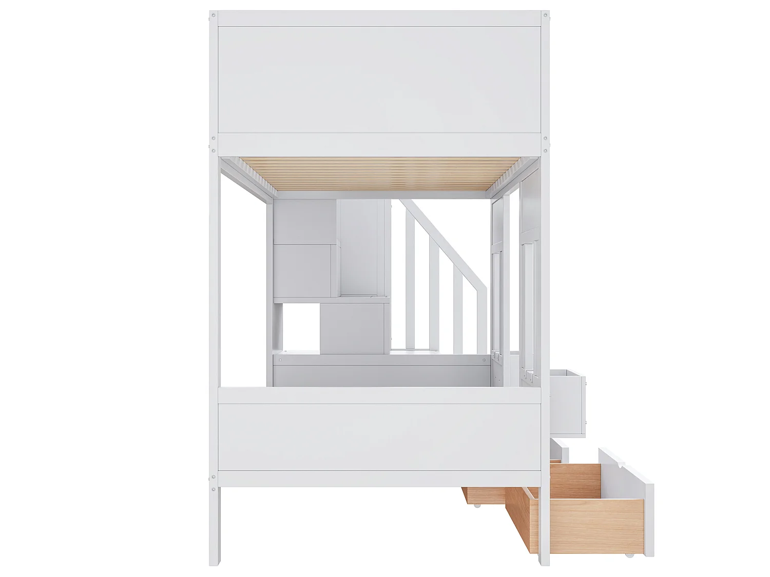 Lit superposé enfant 90x200 cm avec 2 tiroirs et escalier de rangement - Bois blanc