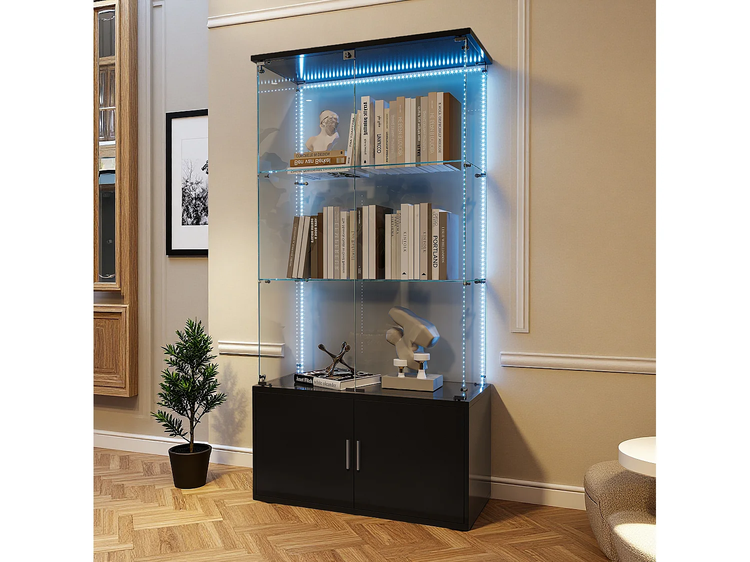 Vitrine en Verre avec 3 étagères et LED, avec 2 Portes et Base de Casier, Meuble Vitrine Verre pour Collection, pour Salon, 78.5x35x164 cm, Noir