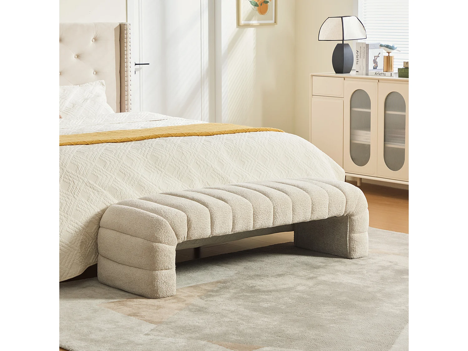 Bedbankje 159x51x45 cm in beige chenille - Voor slaapkamer, woonkamer of hal