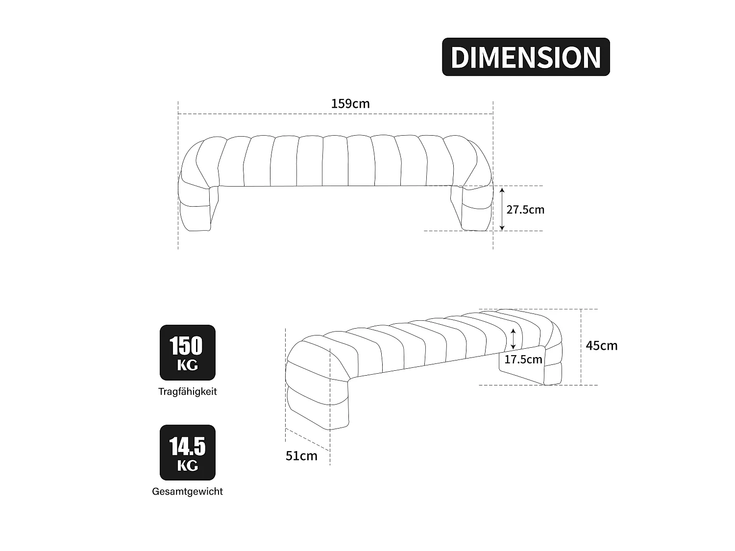 Bedbankje 159x51x45 cm in beige chenille - Voor slaapkamer, woonkamer of hal