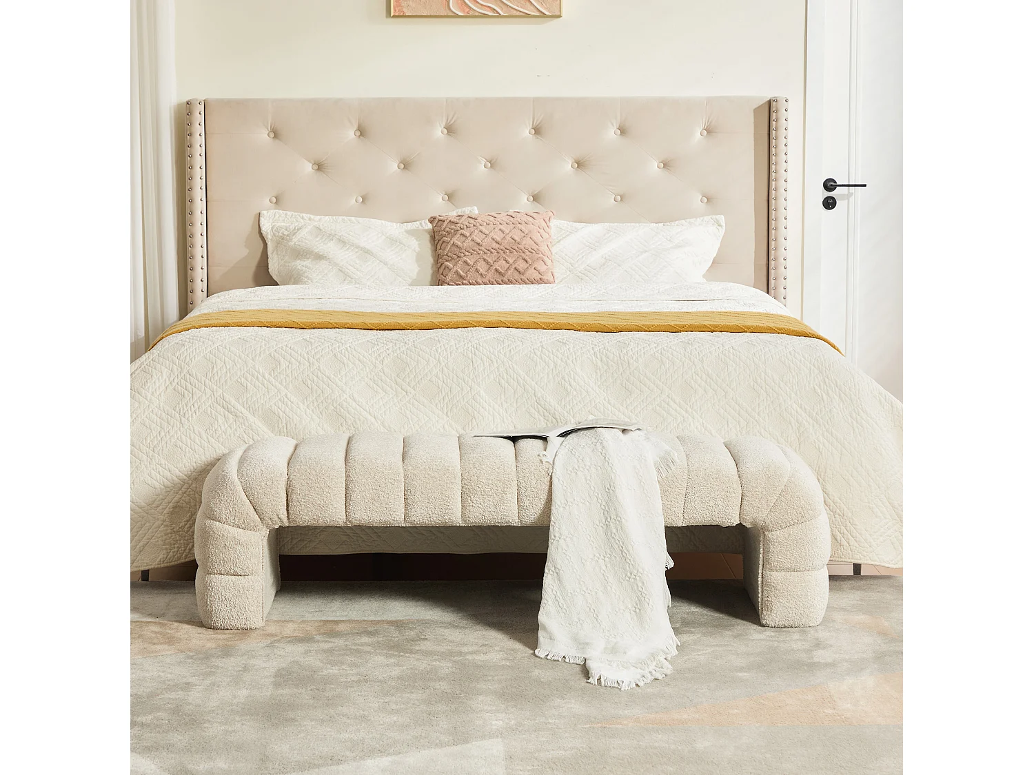 Bedbankje 159x51x45 cm in beige chenille - Voor slaapkamer, woonkamer of hal