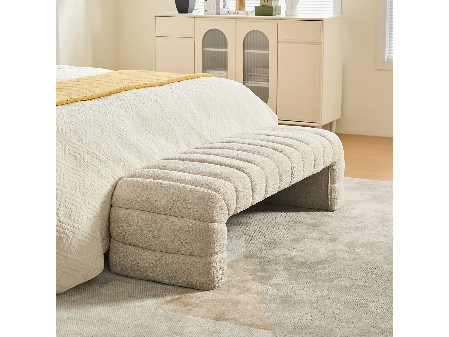 Bedbankje 159x51x45 cm in beige chenille - Voor slaapkamer, woonkamer of hal