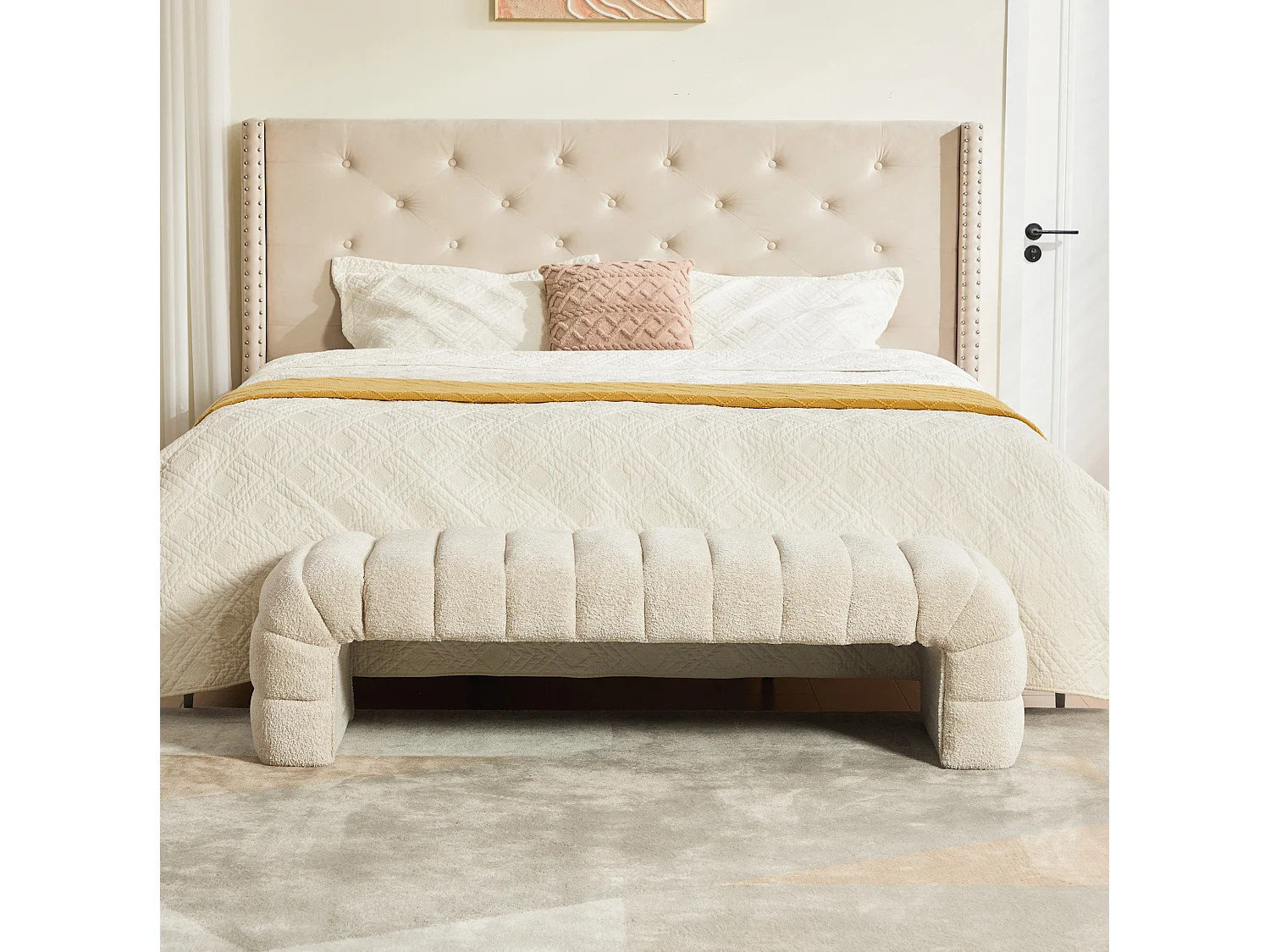 Bedbankje 159x51x45 cm in beige chenille - Voor slaapkamer, woonkamer of hal
