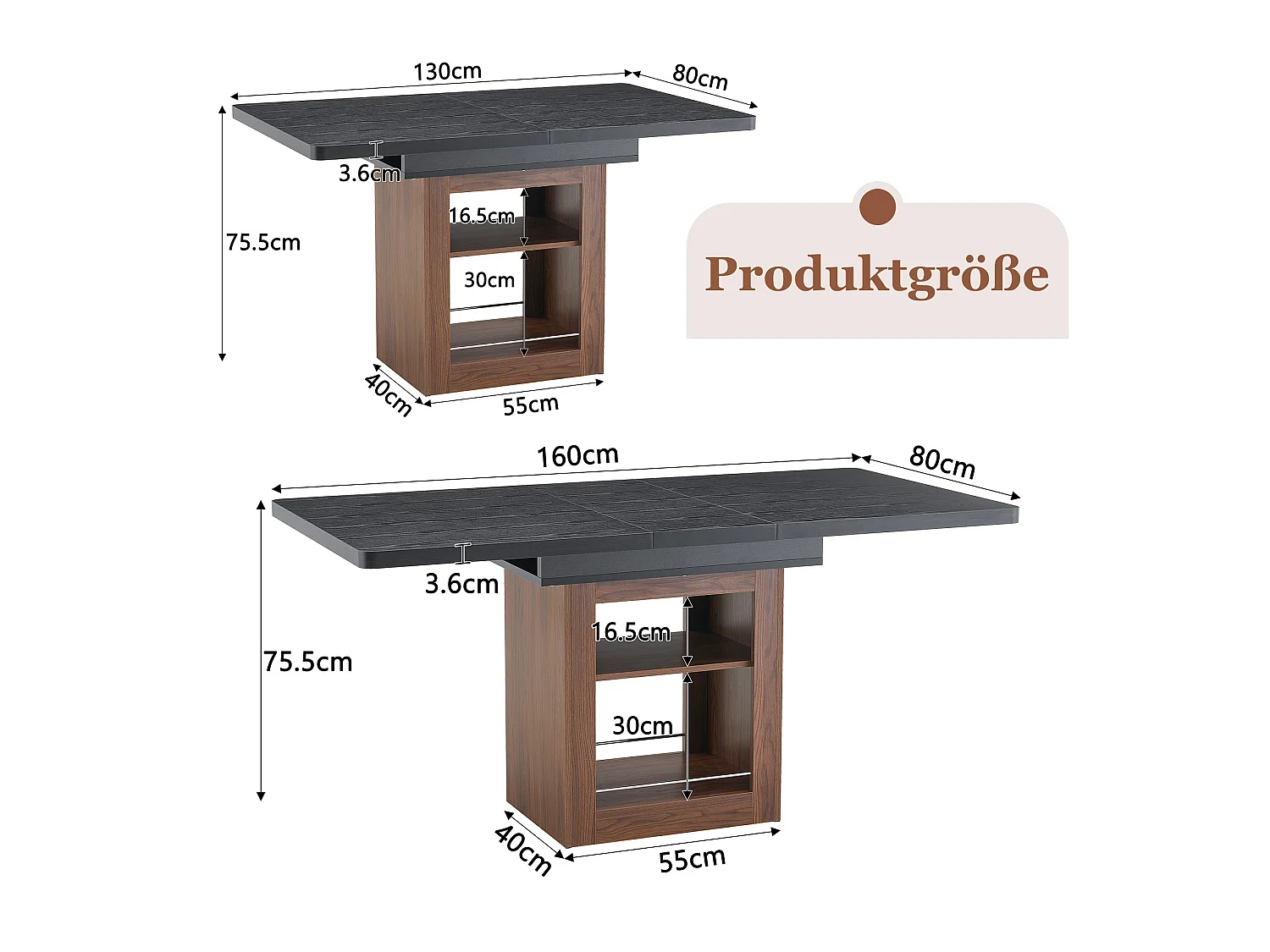 Uitschuifbare eettafel 130(160) x 80 cm met plank - Bruin en zwart