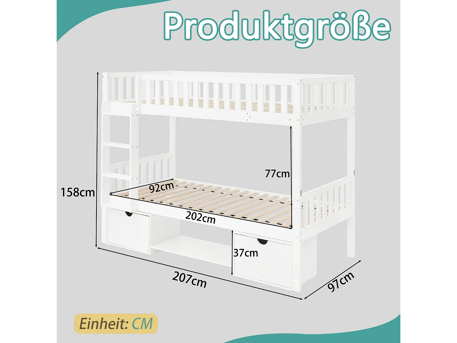 Vit våningssäng (90x200 cm) omvandlingsbar till två barnsängar - med skyddsräcke och två dörrar