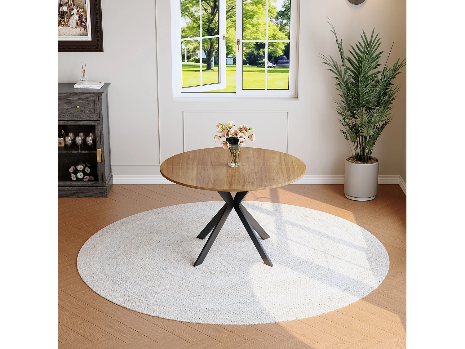 Table à manger ronde 110 cm avec piètement X en métal noir - Naturel foncé