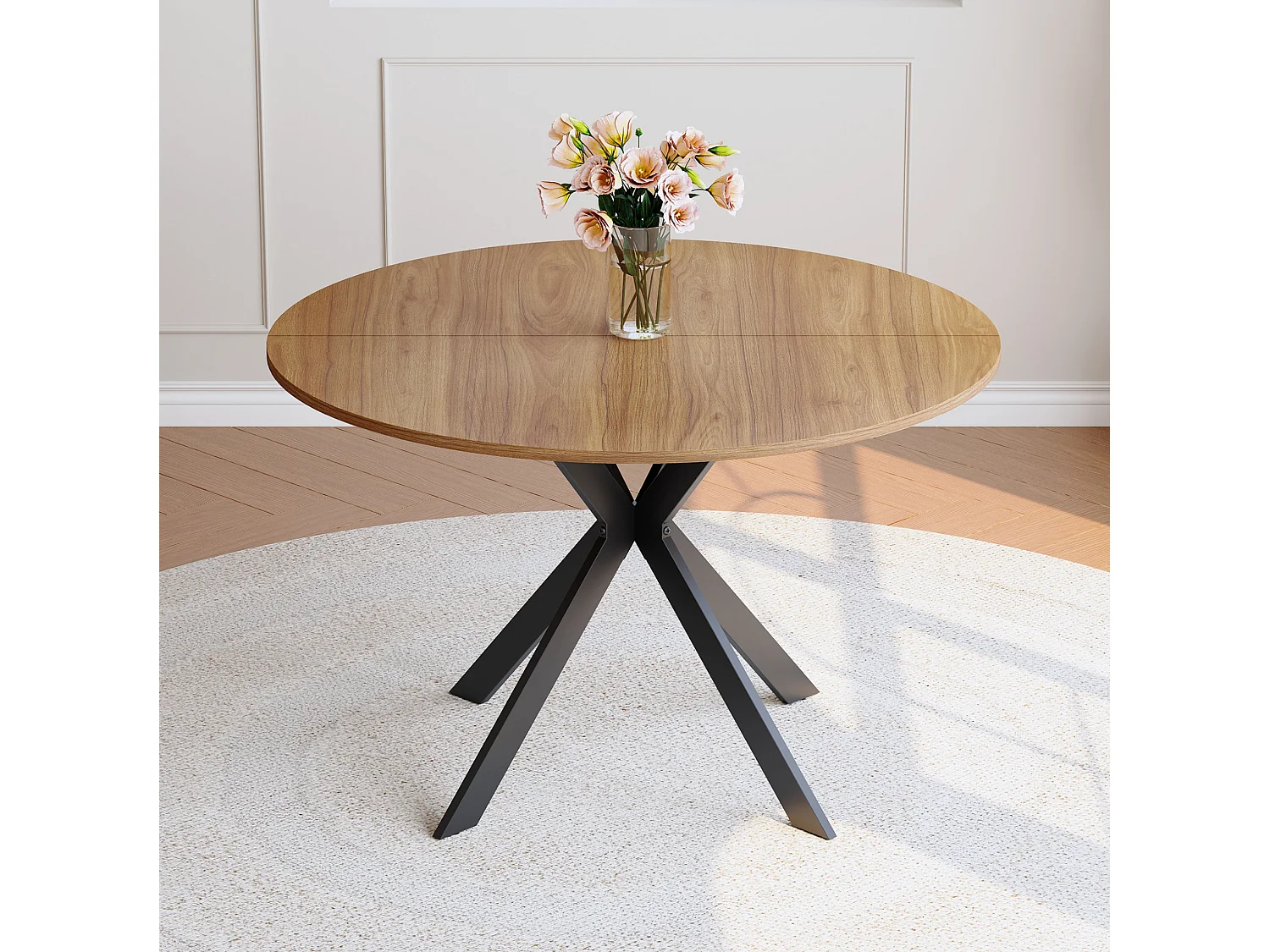 Table à manger ronde 110 cm avec piètement X en métal noir - Naturel foncé