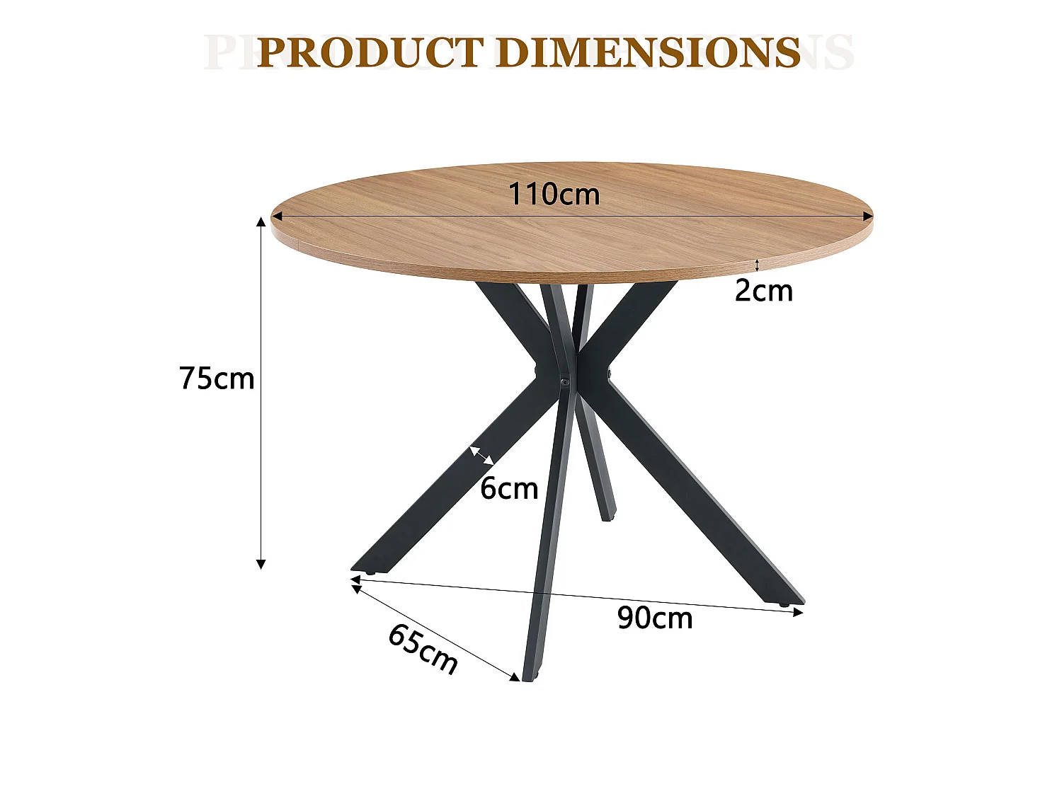 Table à manger ronde 110 cm avec piètement X en métal noir - Naturel foncé