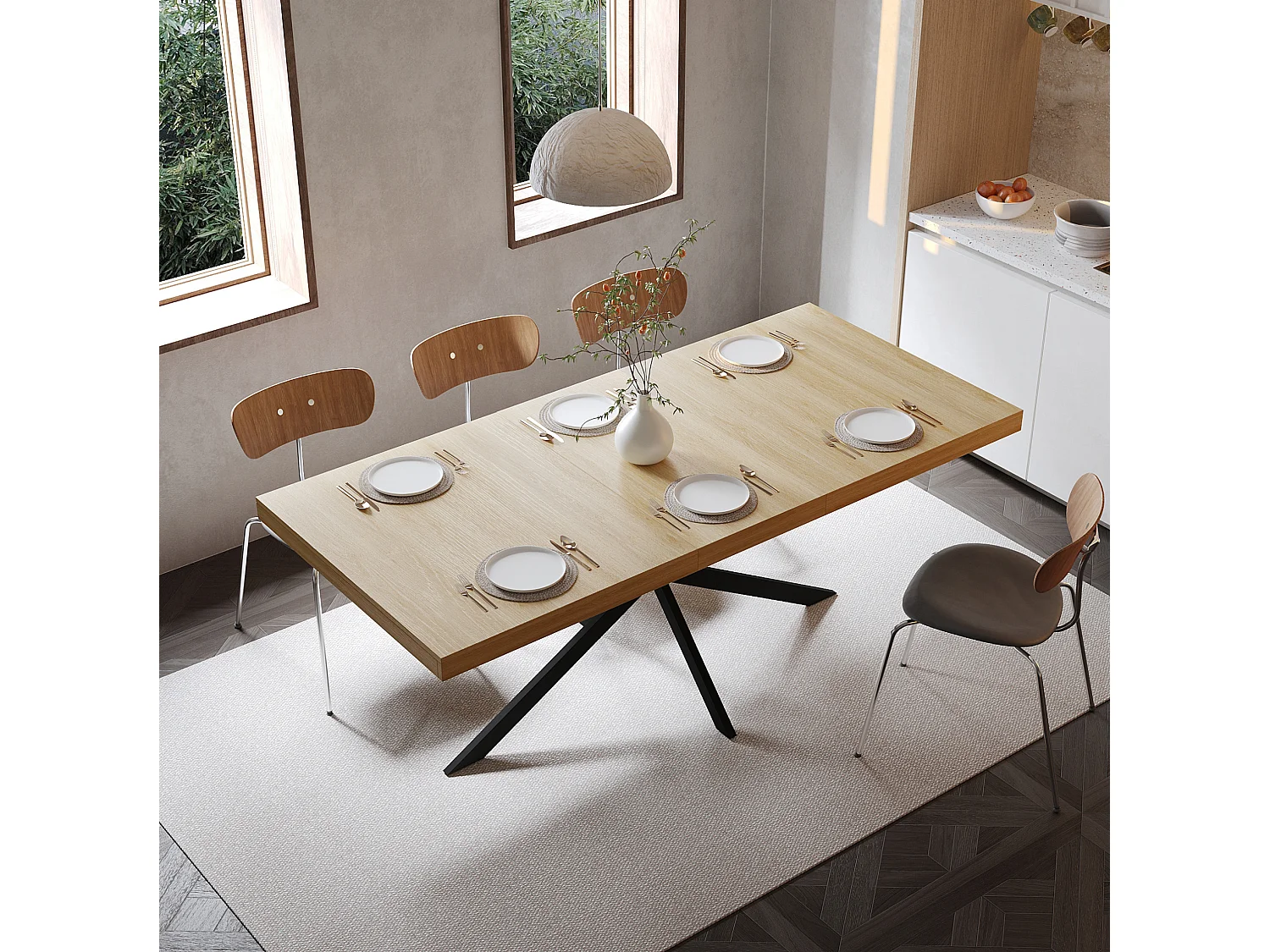 Table à manger extensible 140-180 x 80cm pour 4-6 places - Métal et MDF - Naturel clair