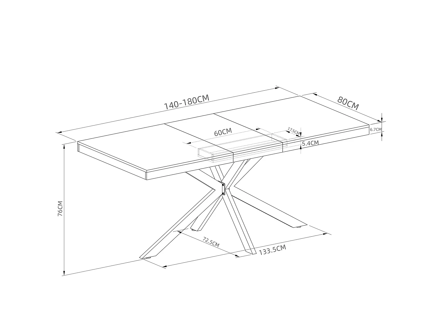 Table à manger extensible 140-180 x 80cm pour 4-6 places - Métal et MDF - Naturel clair
