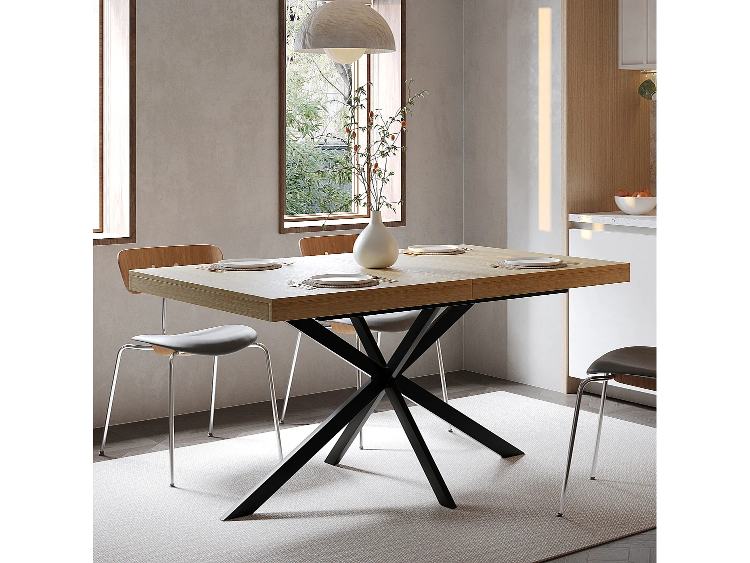 Table à manger extensible 140-180 x 80cm pour 4-6 places - Métal et MDF - Naturel clair