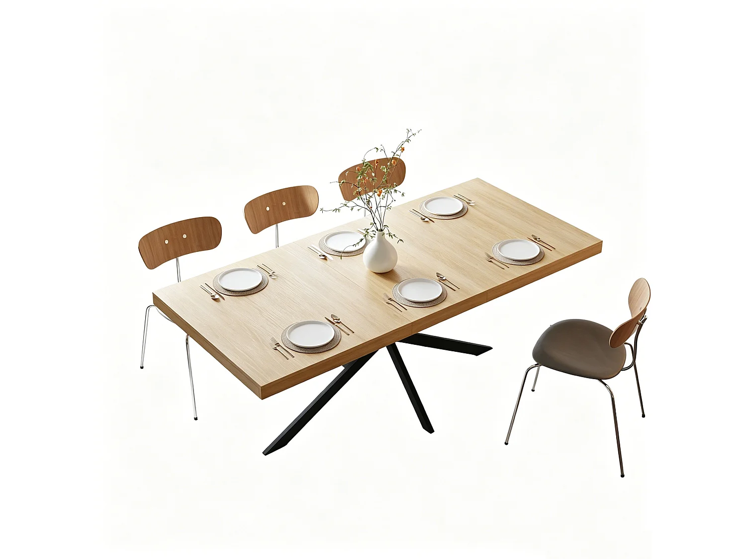 Table à manger extensible 140-180 x 80cm pour 4-6 places - Métal et MDF - Naturel clair