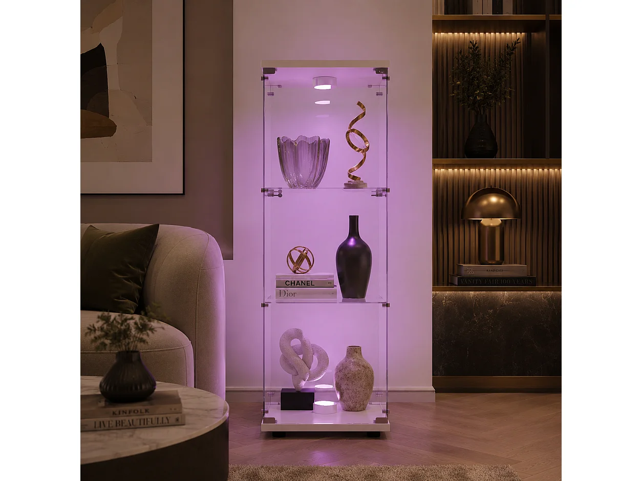 Vitrine en Verre 125x42x36 cm, Armoire de Collection Moderne en Verre à Trois Couches avec LED und Porte, pour Chambre, Salon et Salle à Manger, Blanc